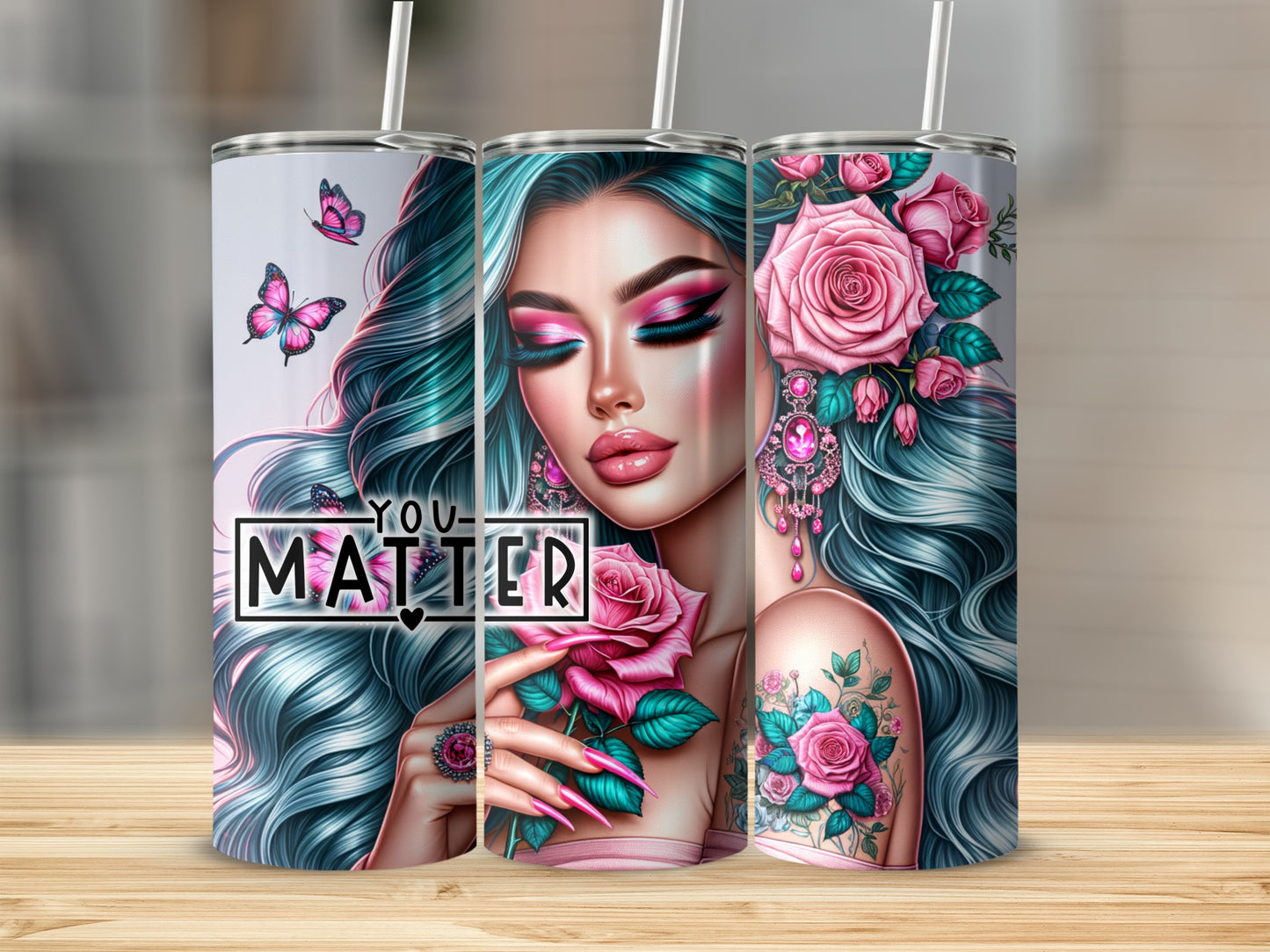 Tumbler with pink roses and butterflies on teal hair woman.
