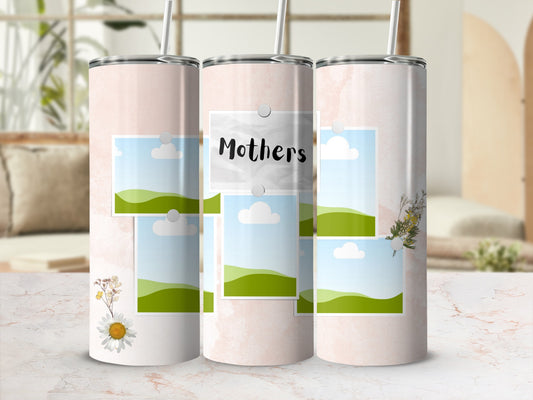 Three tumblers with a watercolor texture, photos, and the word "Mothers."