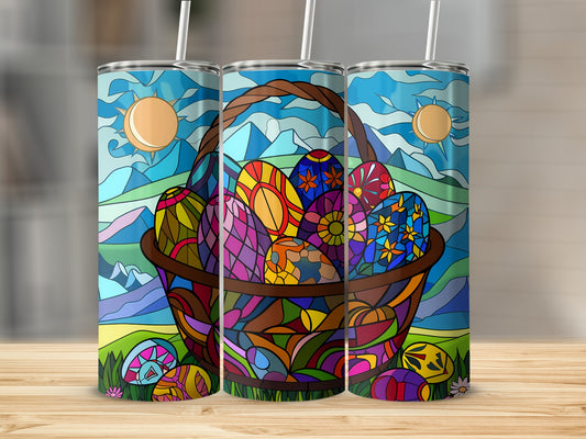 Easter basket filled with colorful, stained-glass style eggs on a landscape background.