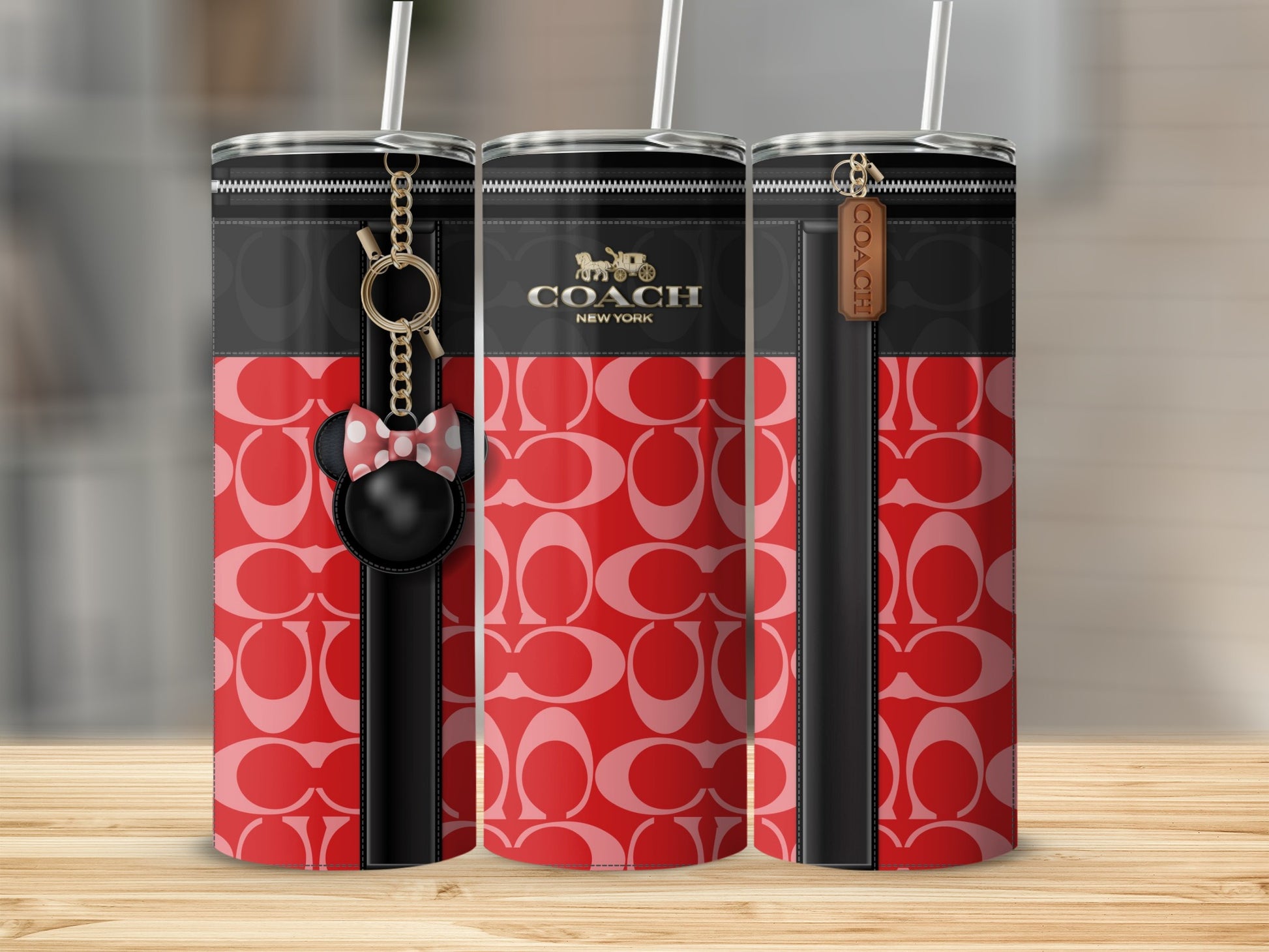 Stylish Red and Black Coach Tumblers with Keychain