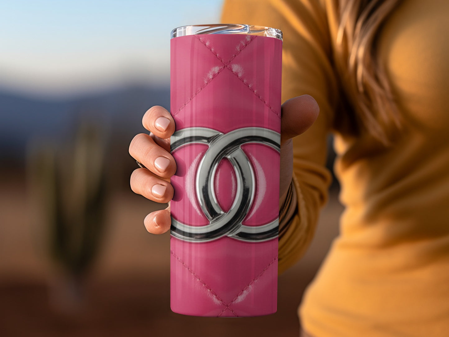 Hot Pink Quilted Pattern Shiny Logo Design Tumblers