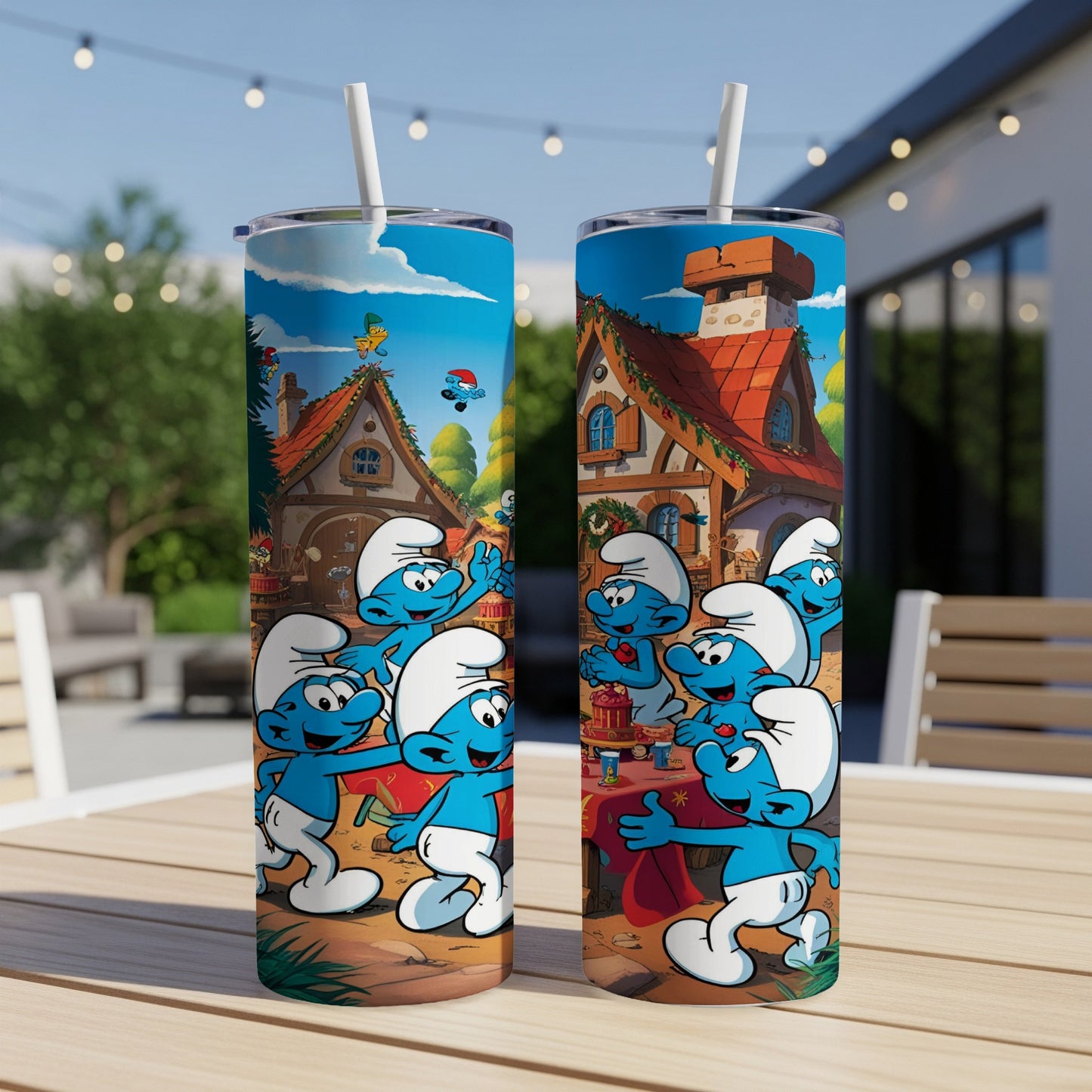 Smurfs celebrating around a table with gifts in a village setting.