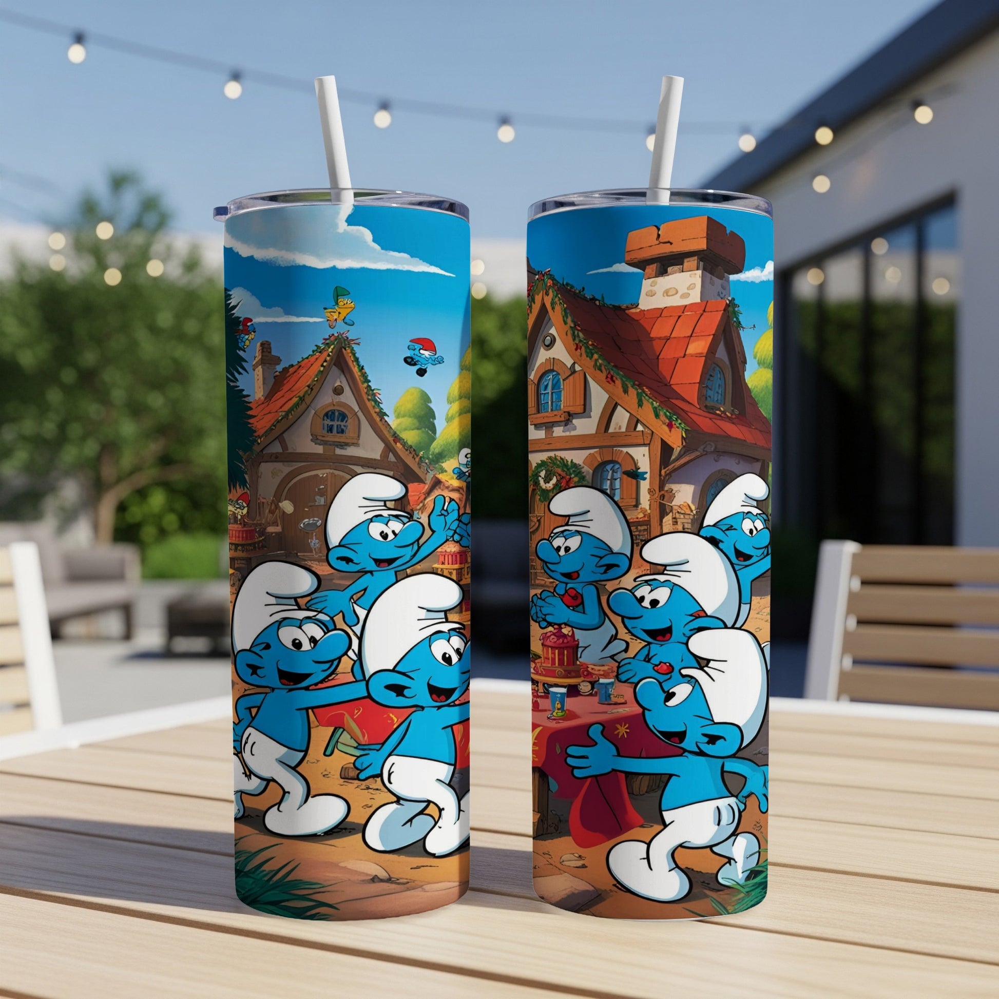 Smurfs celebrating around a table with gifts in a village setting.