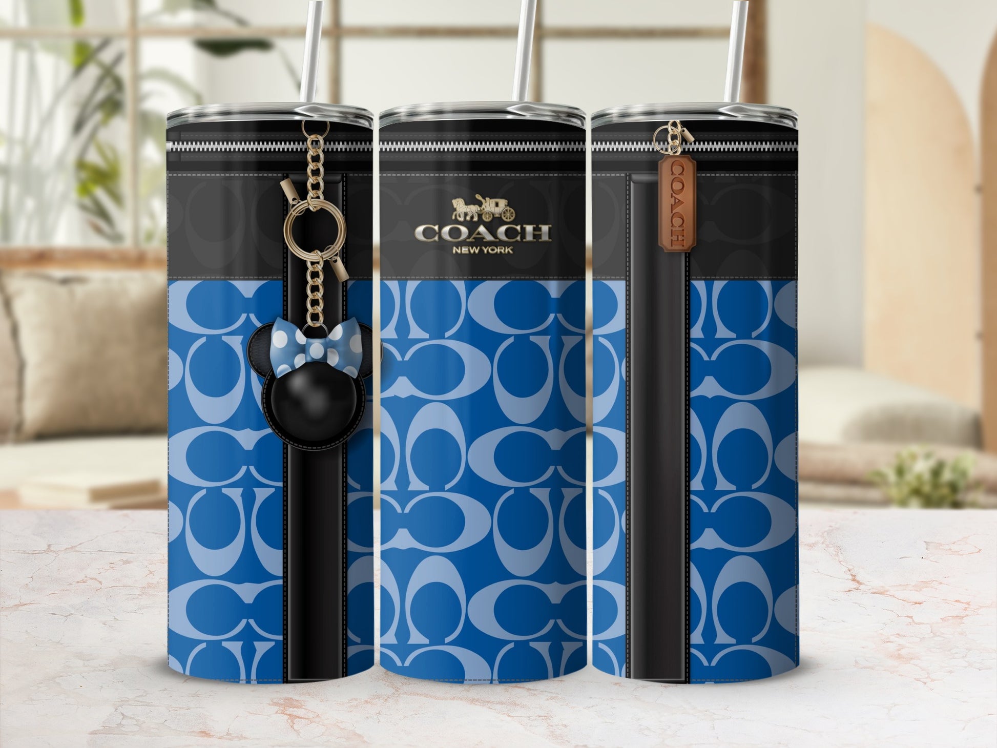 Blue Patterned Drink Containers with Keychain Accessory
