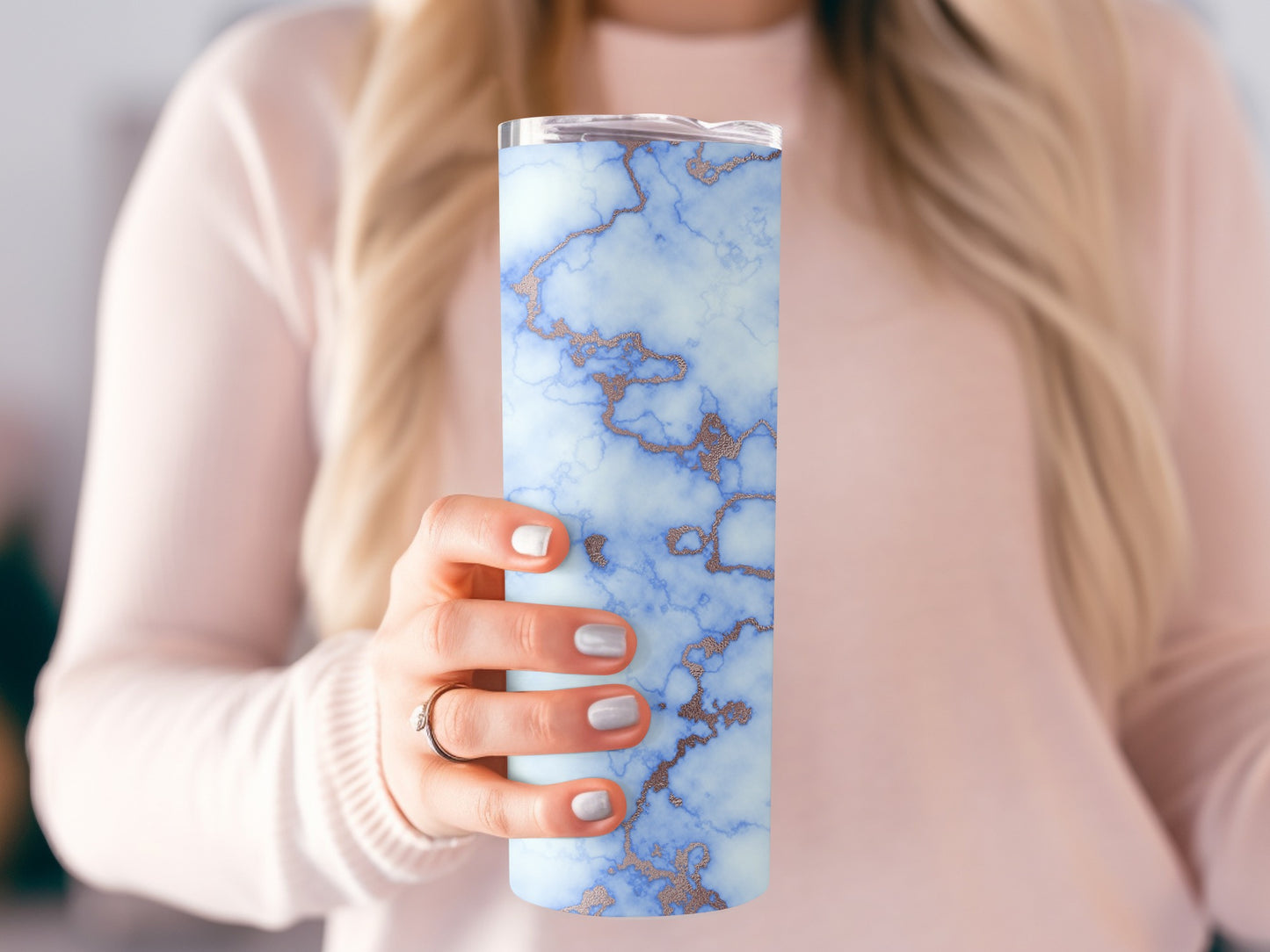 Light Blue with Rose Gold Marble Like Art Design Tumblers