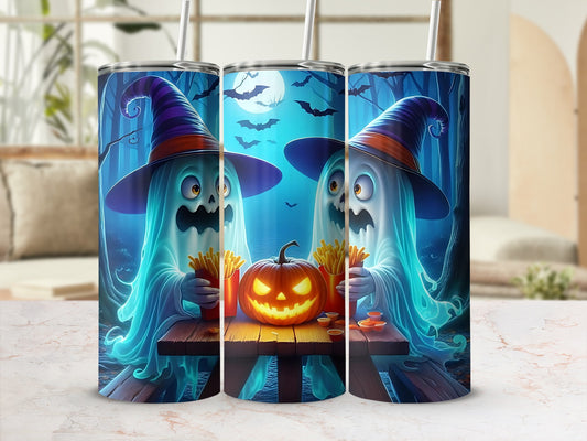 Three tumblers featuring ghosts in witch hats, a jack-o'-lantern, and french fries.