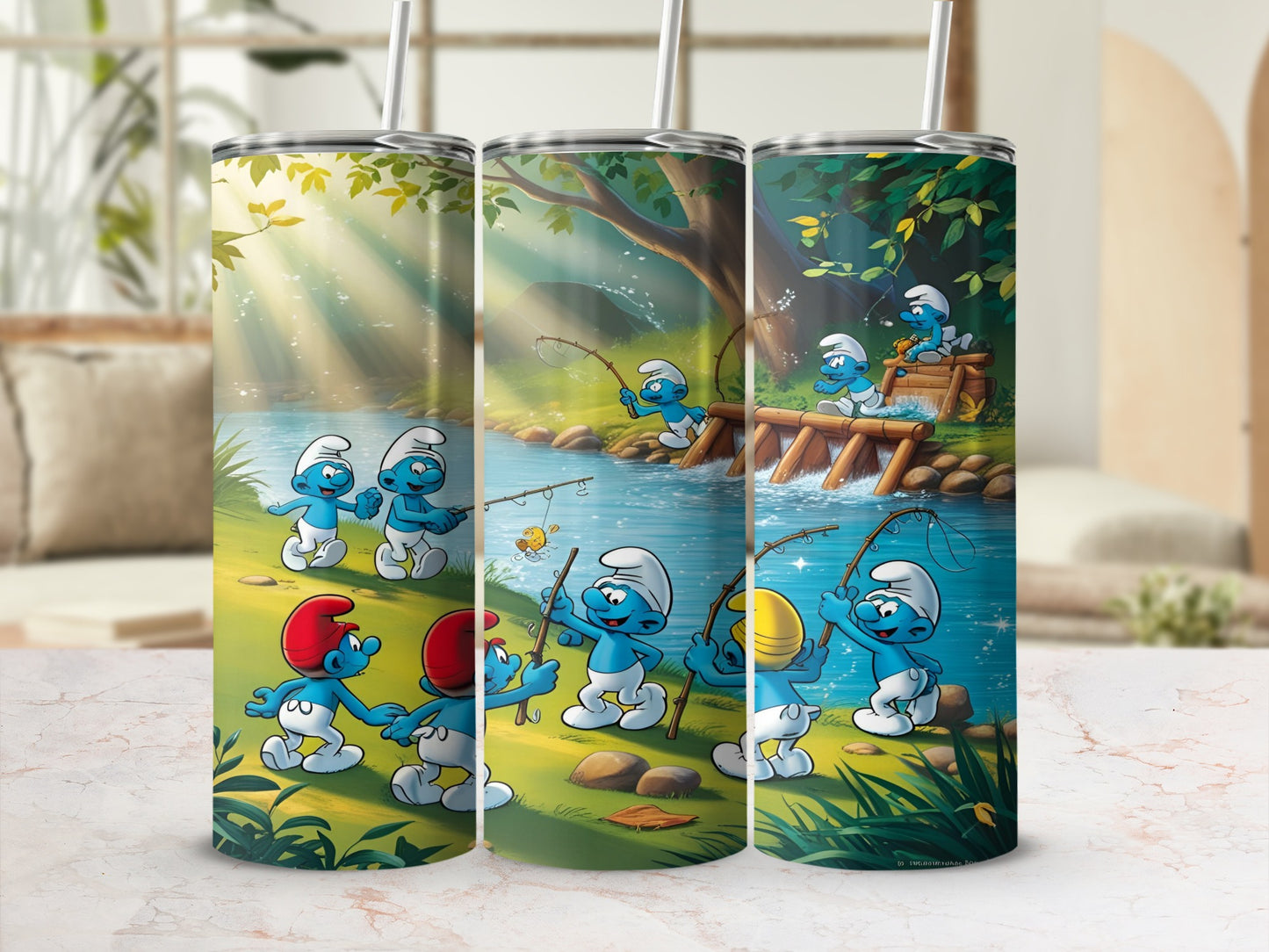 Smurfs fishing by a river in a forest.