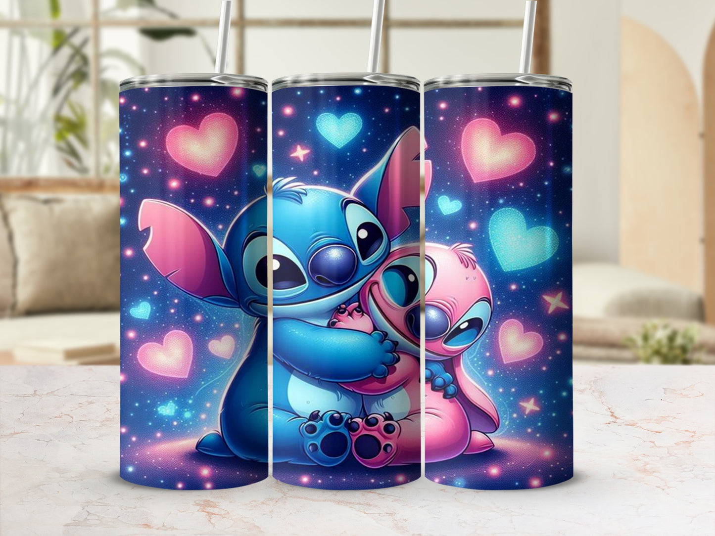 Adorable Blue and Pink Hugging Characters Tumbler