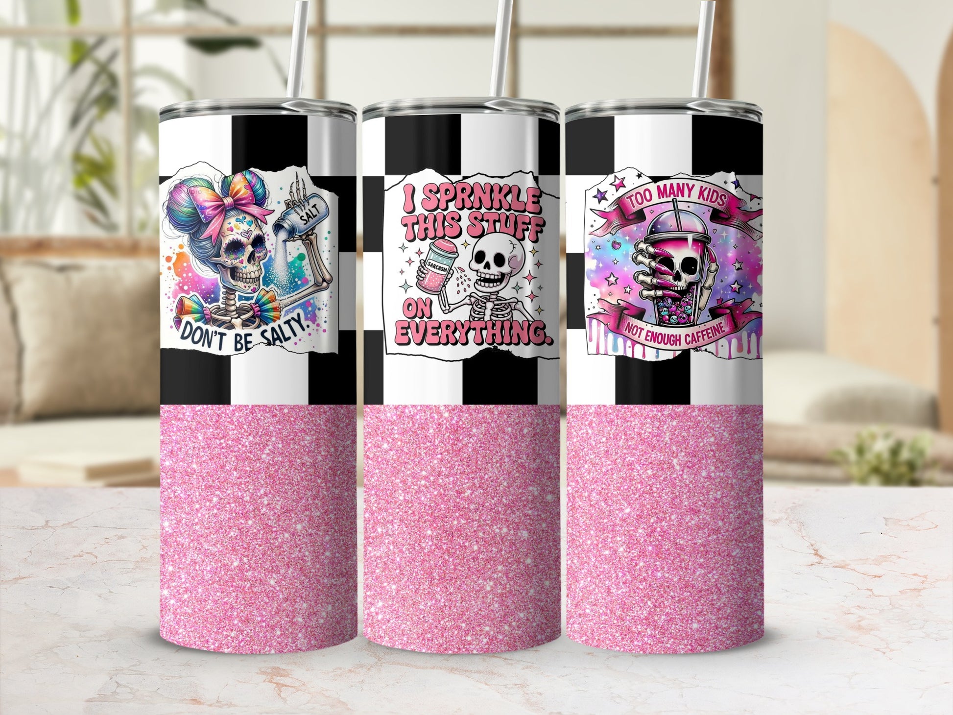 Colorful Skull Themed Glitter Tumblers with Phrases