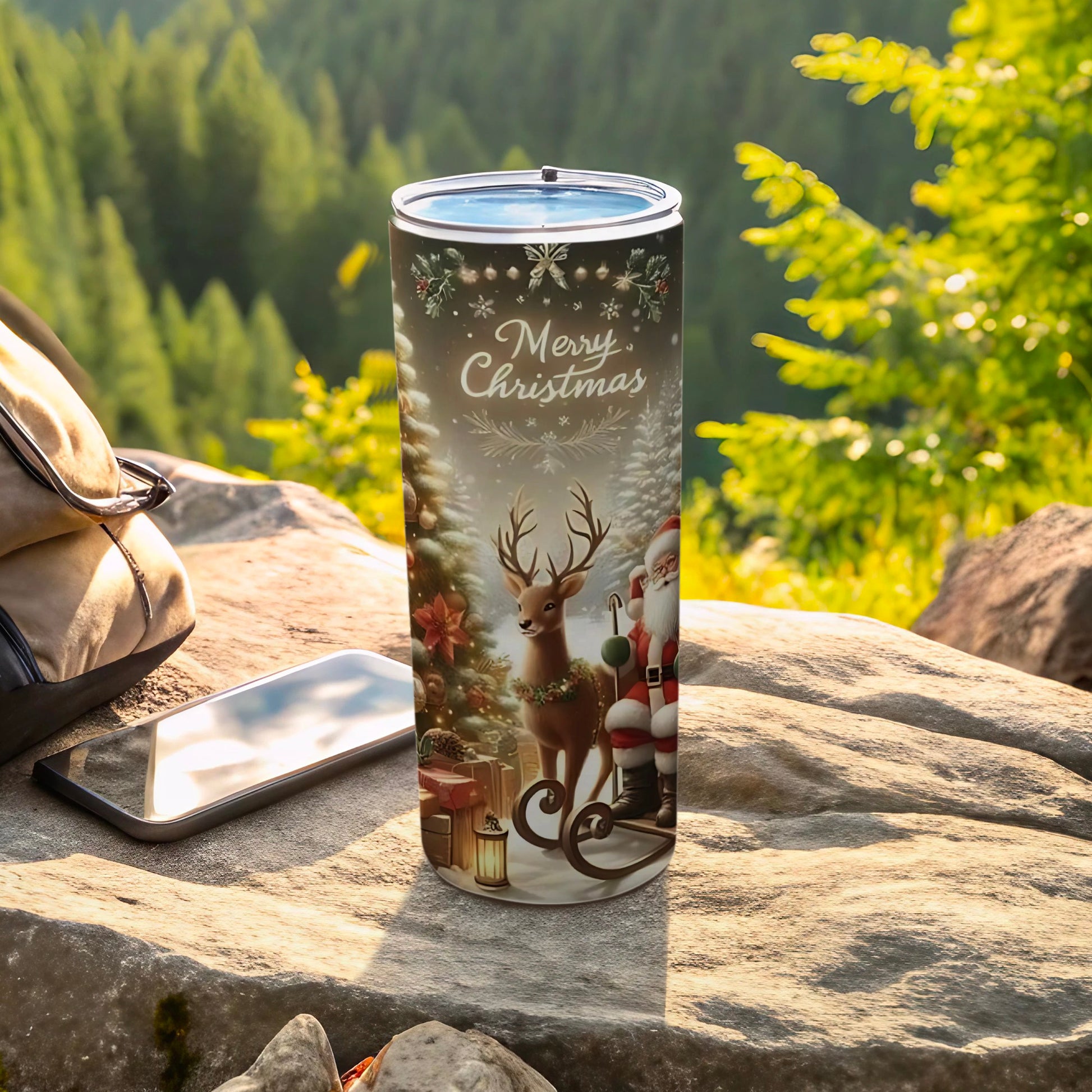Merry Christmas Santa and Reindeer Travel Tumbler
