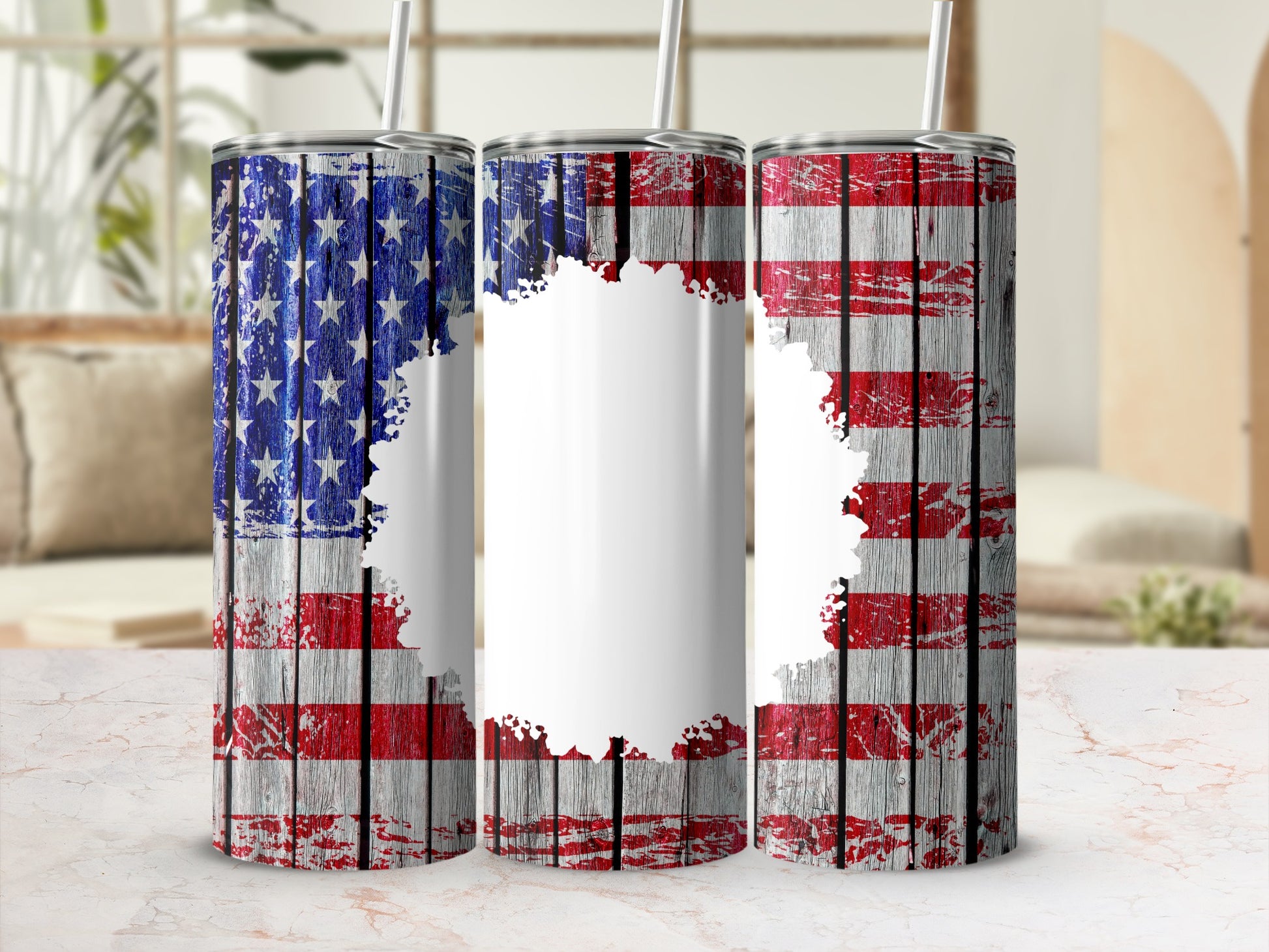Three tumblers with distressed American flag design and white center panel.