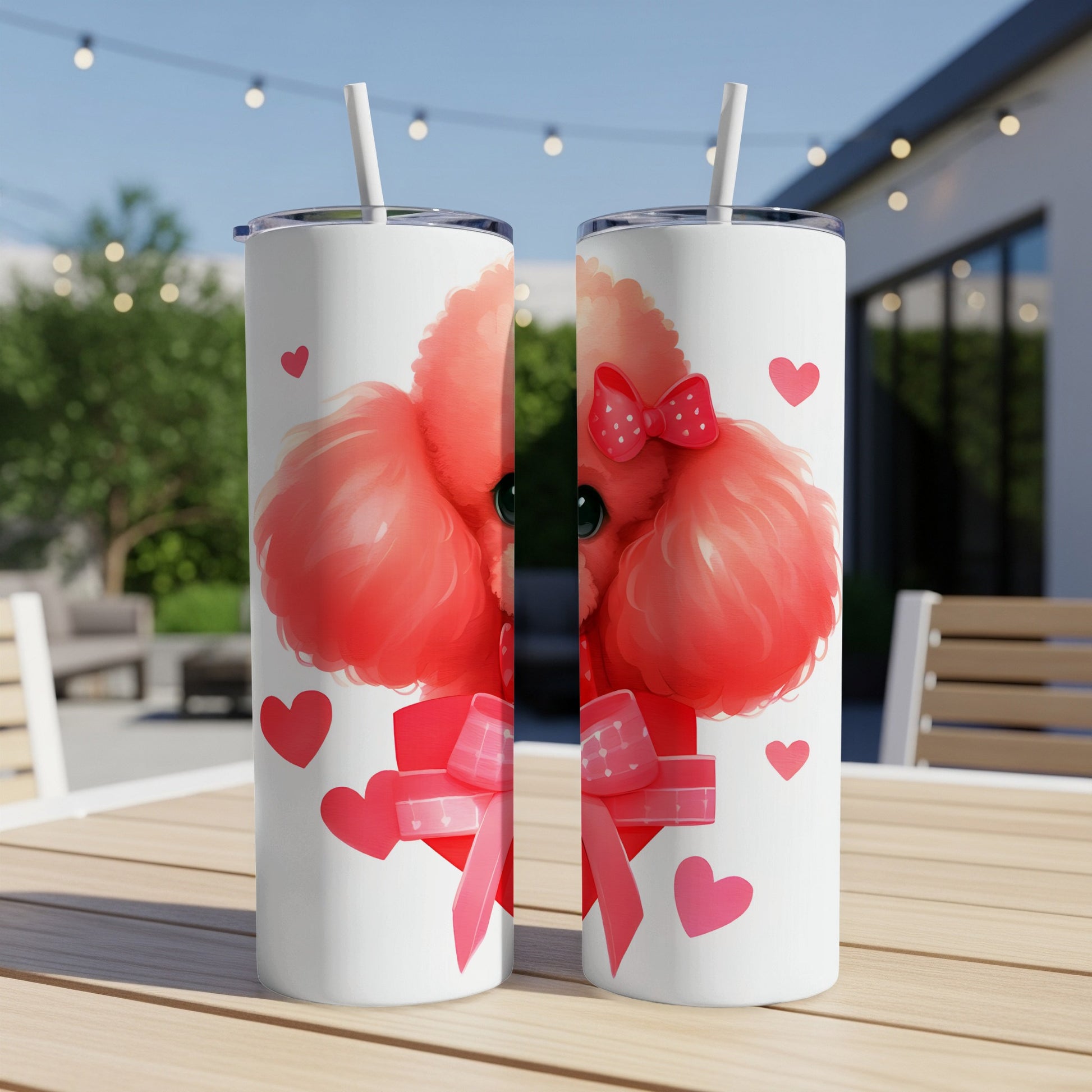 Pink poodle with red bow on white tumbler with hearts.