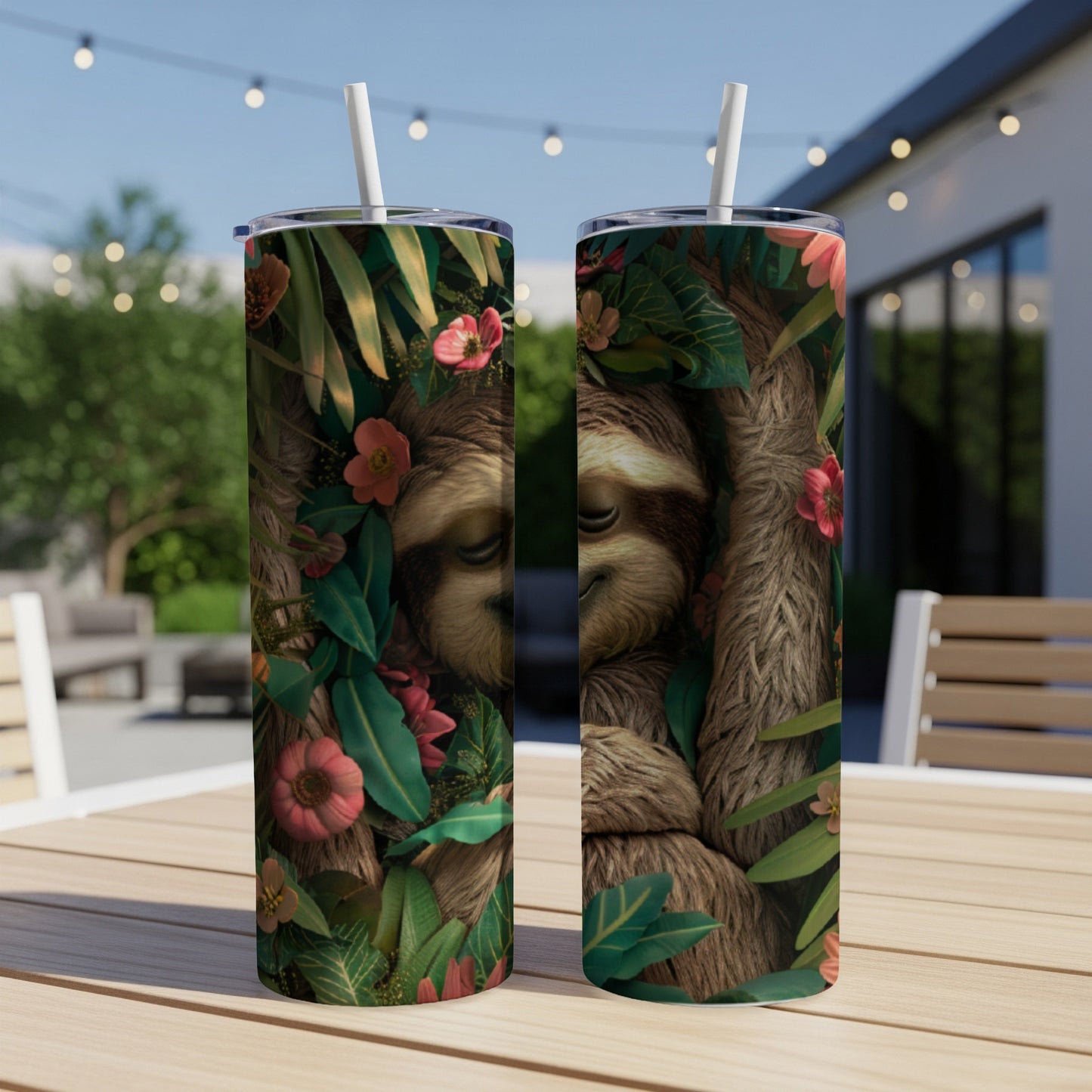 Sloth peeking from lush jungle foliage on a double-sided tumbler.