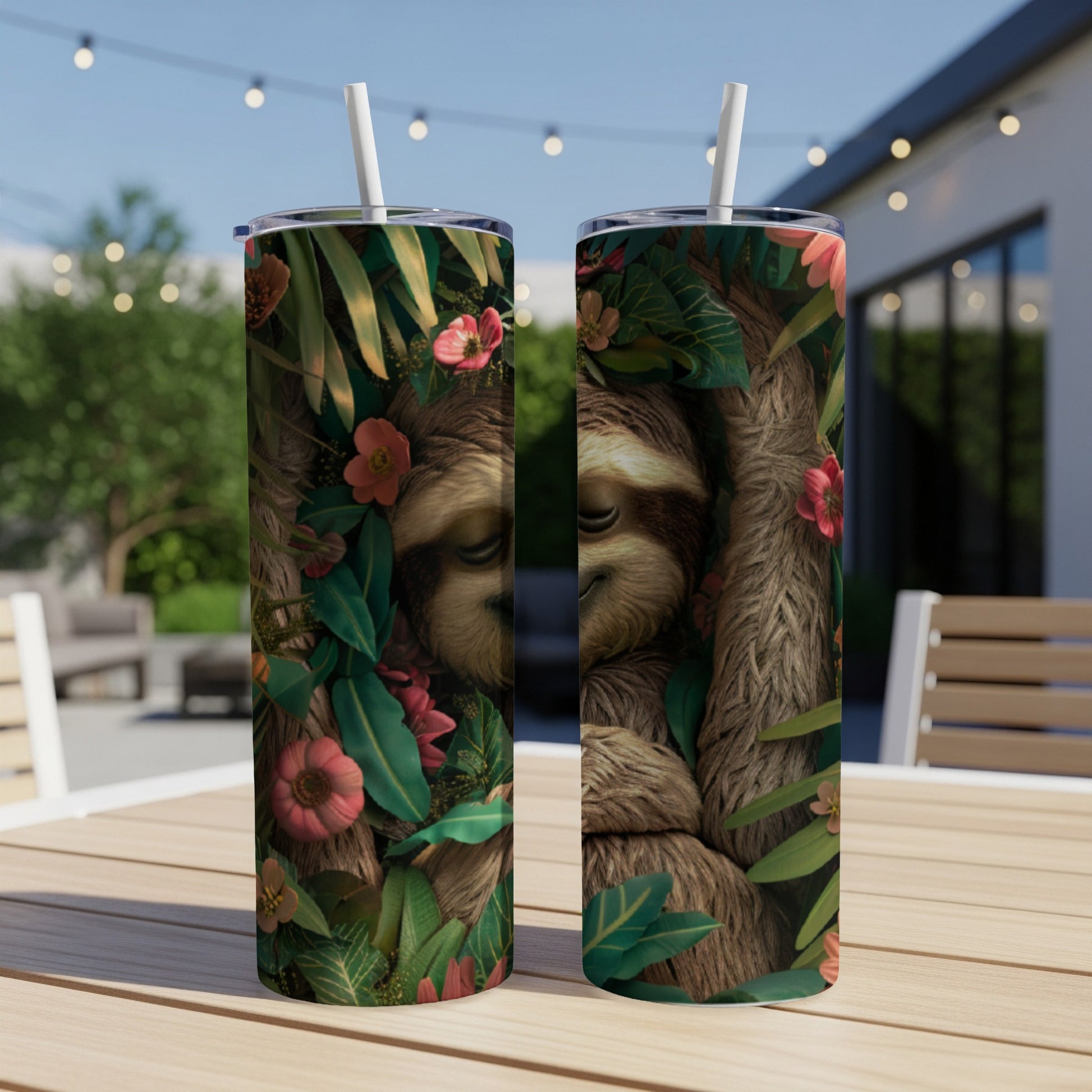 Sloth peeking from lush jungle foliage on a double-sided tumbler.