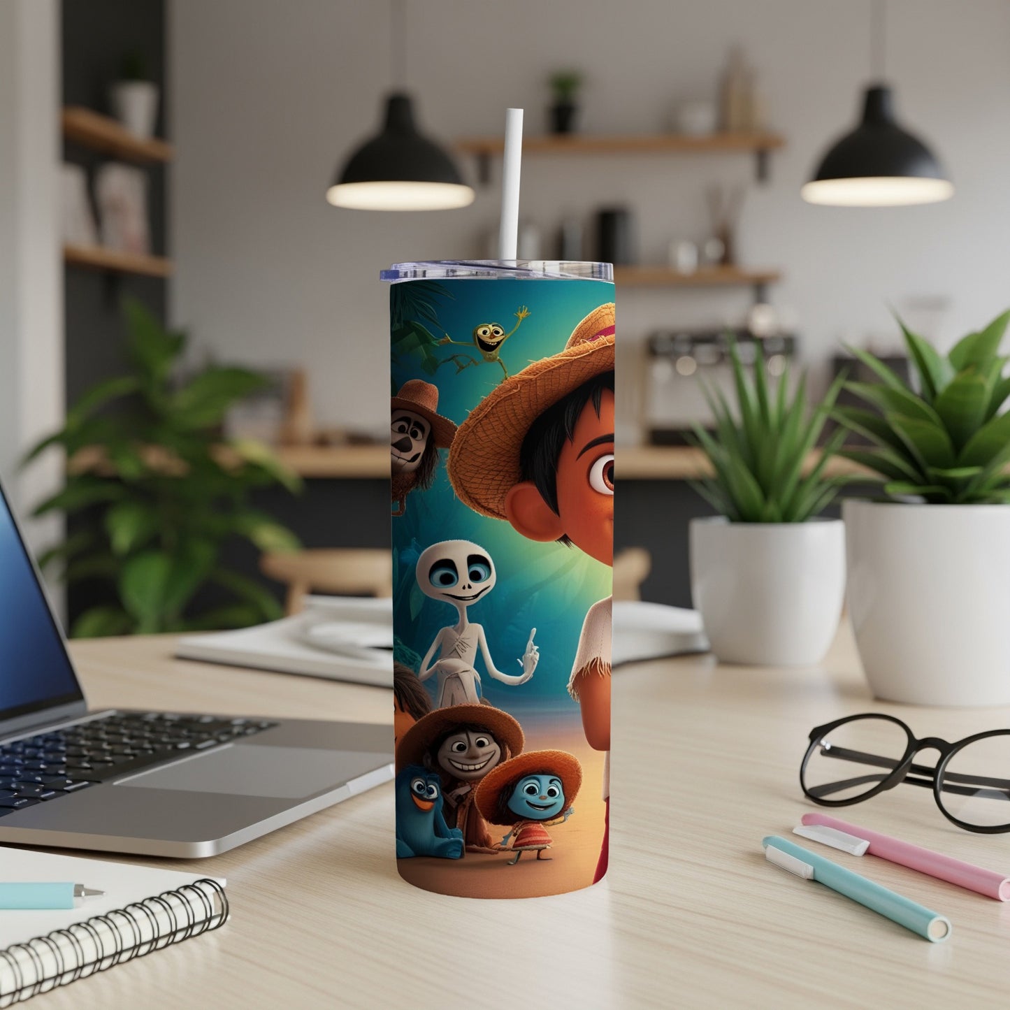 Characters from the movie Coco on a skinny tumbler.