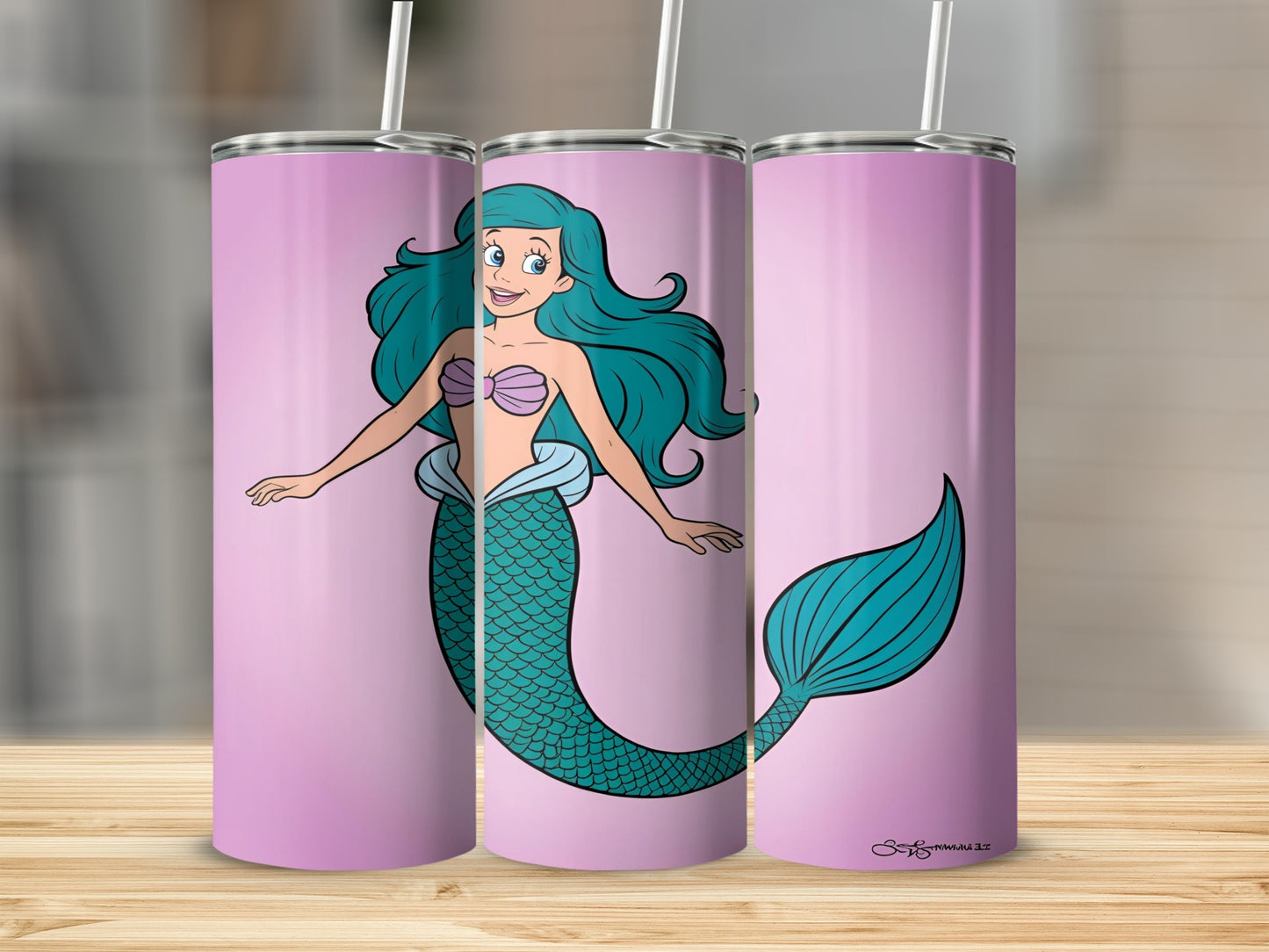 Cartoon mermaid with teal tail and blue hair on pink background.