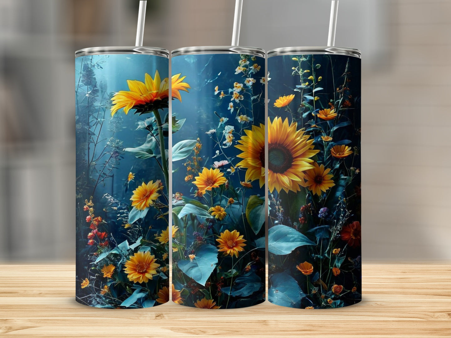 Three tumblers featuring a close-up of sunflowers and dark foliage.