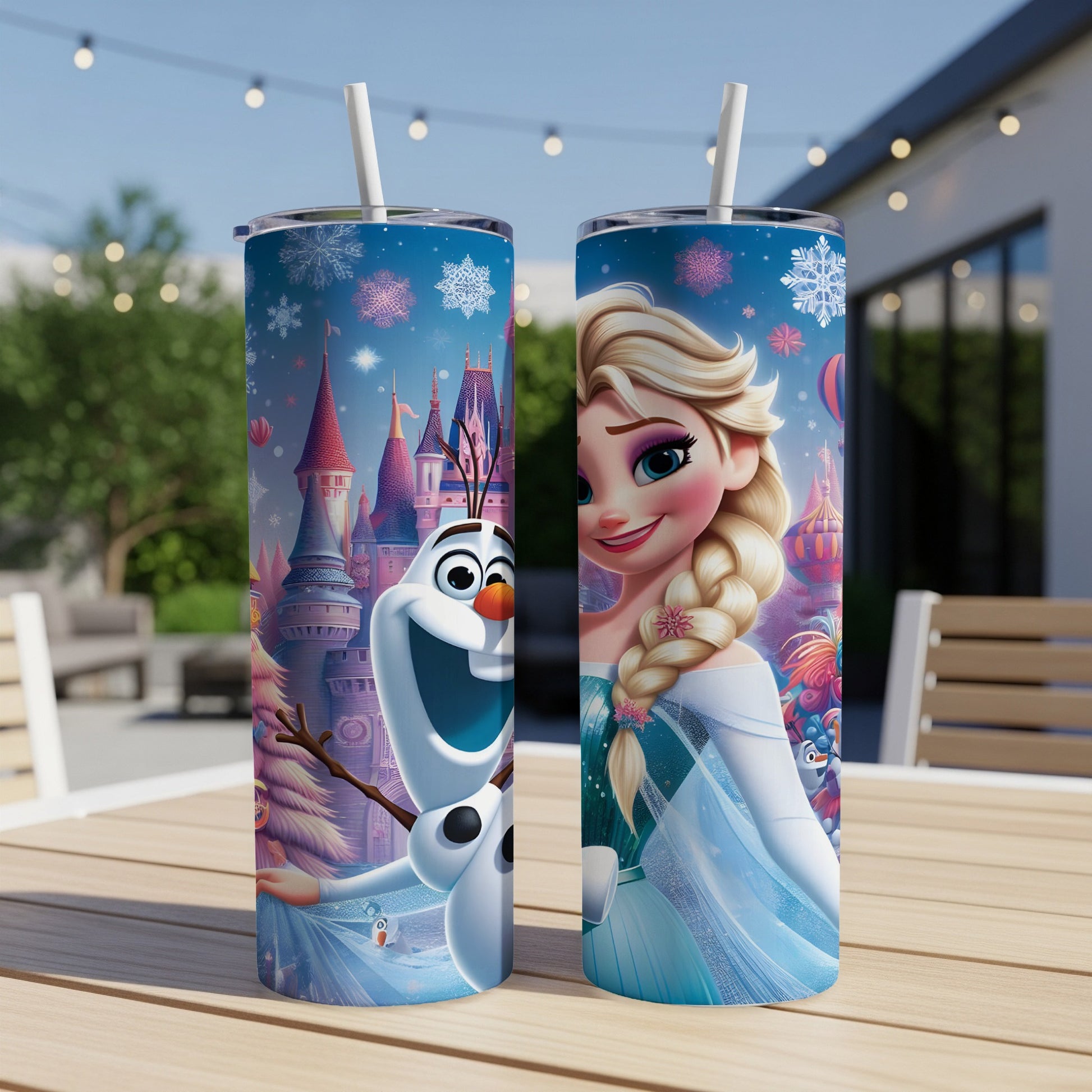 Two tumblers featuring Elsa and Olaf from Frozen on a table.