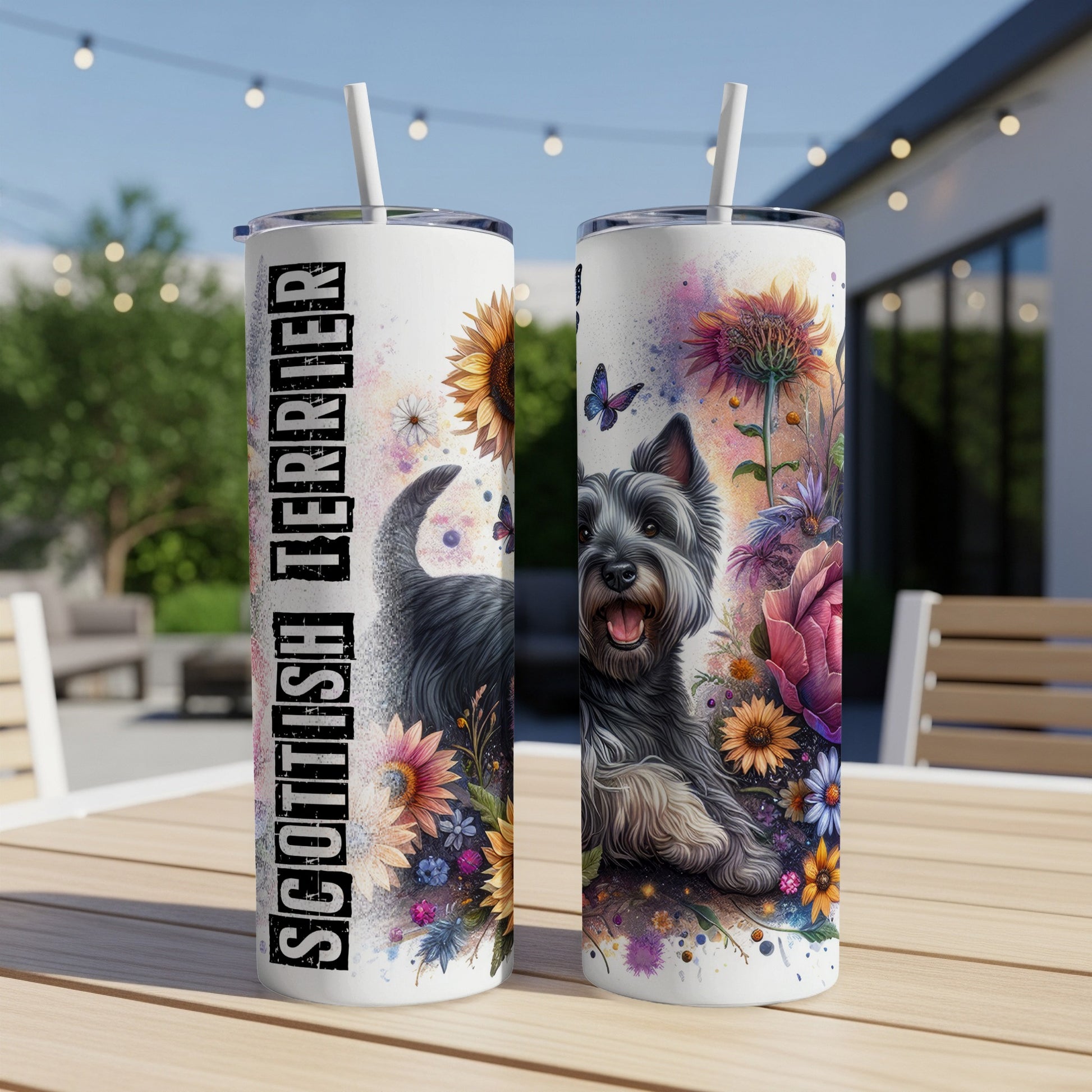 Scottish Terrier with flowers and butterflies on a white tumbler.