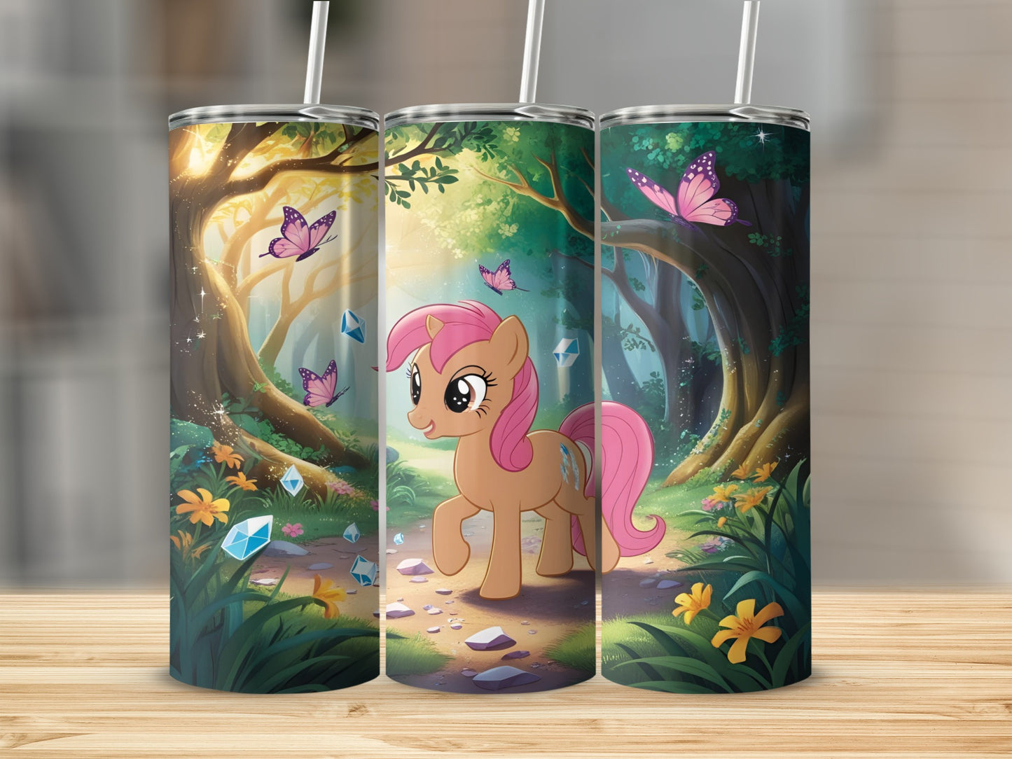 Pink pony with pink mane and tail in a forest with butterflies.