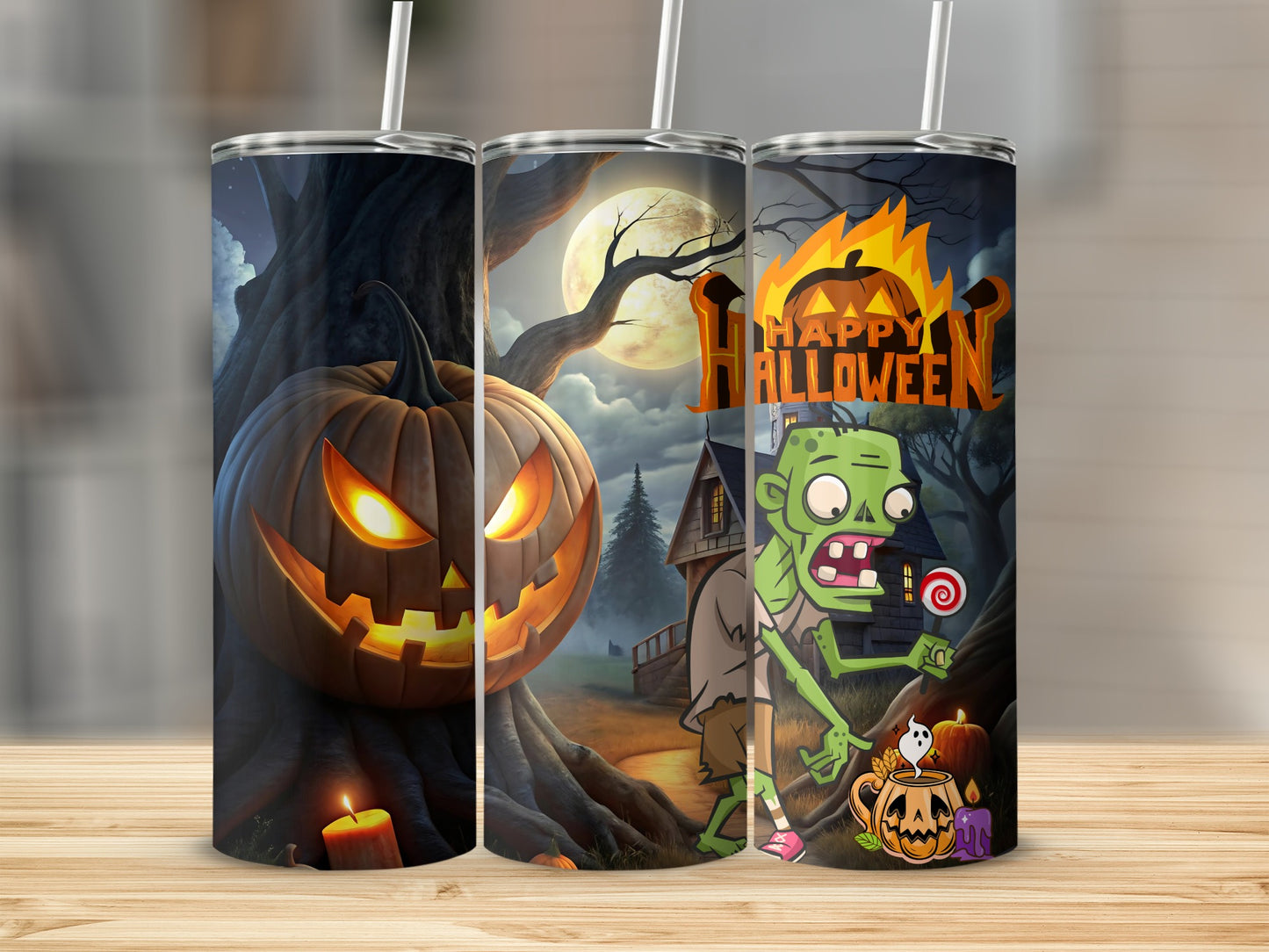 Spooky Halloween Pumpkin and Zombie Themed Cups