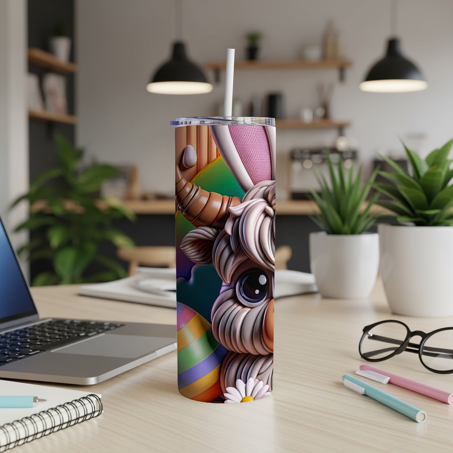 Easter tumbler with a cartoon bunny and colorful Easter eggs.