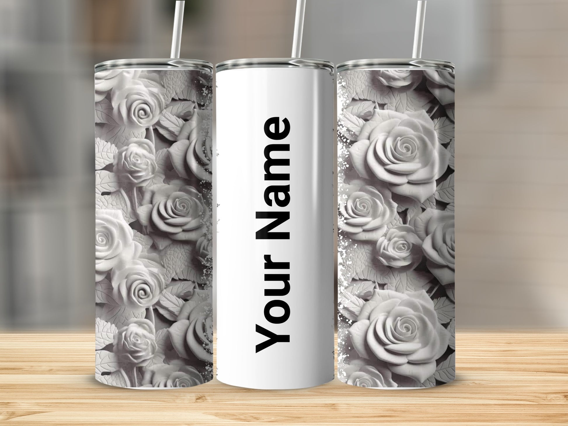 Personalized Floral Black and White Name Tumbler