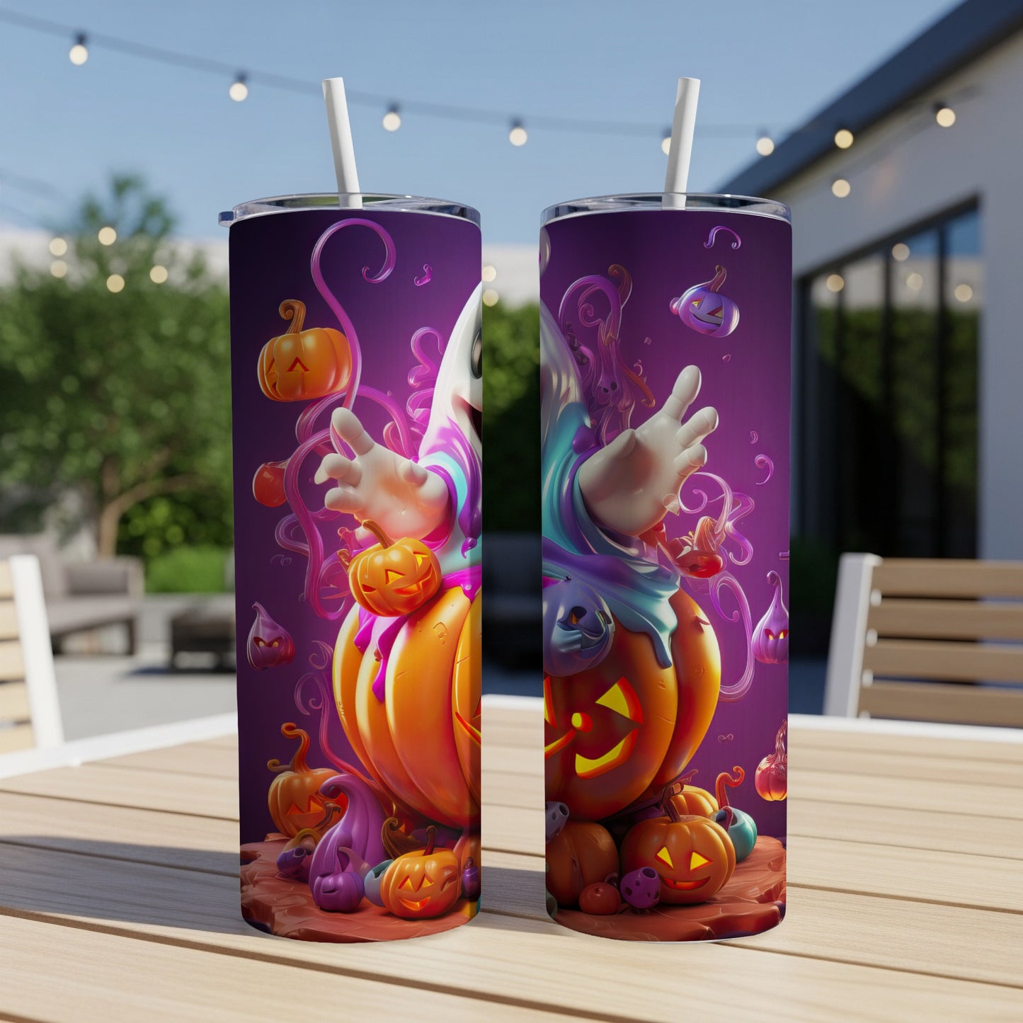 Two tumblers featuring a cartoon ghost with pumpkins and swirling purple accents.