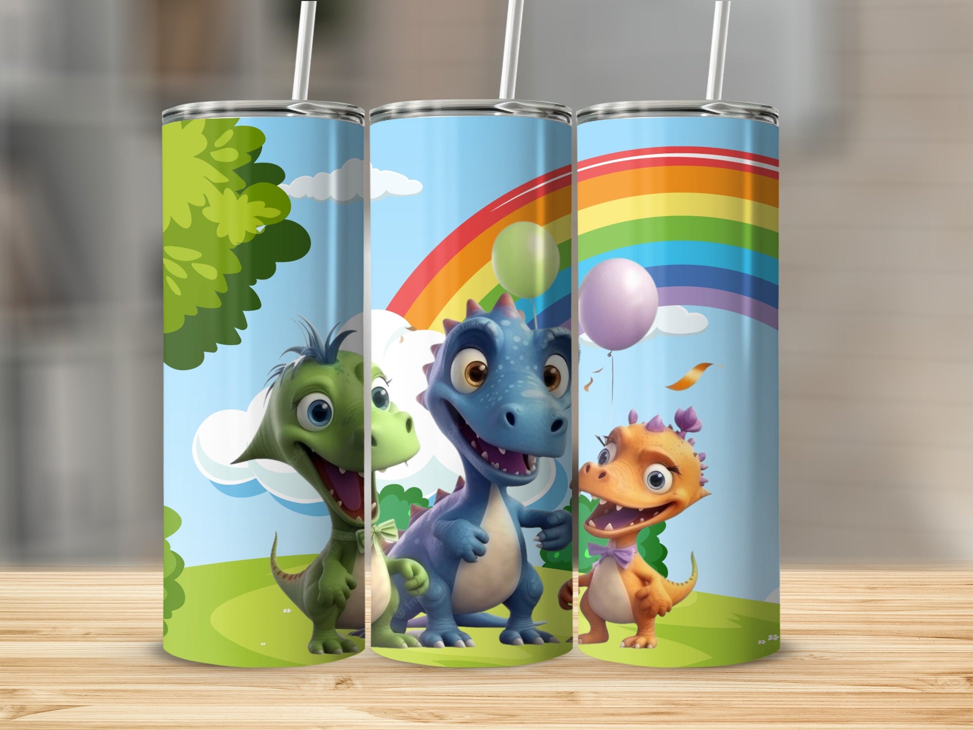 Cute Dinosaur Print Tumbler with Straw for Kids