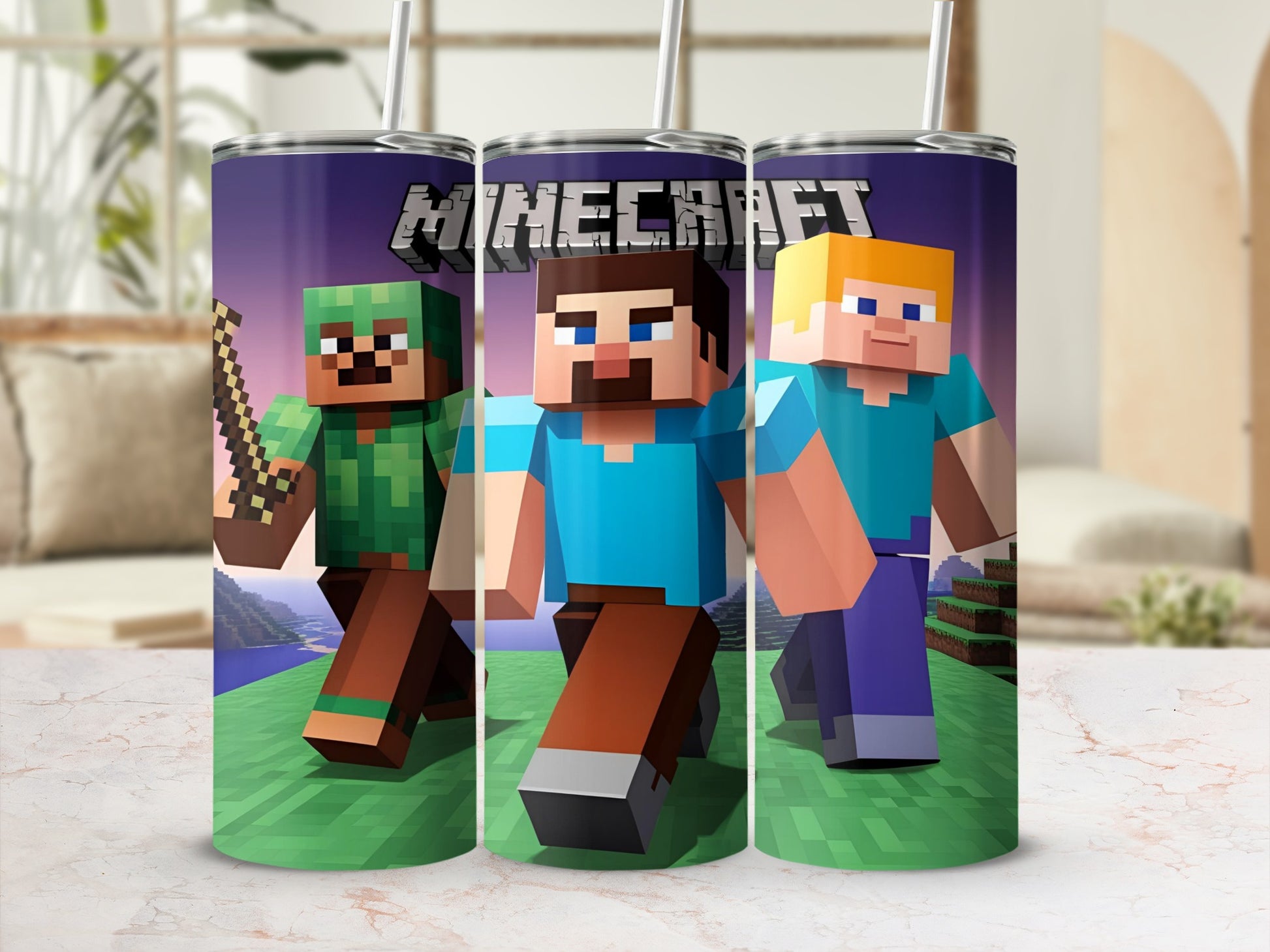 Minecraft characters Steve and Alex on a tumbler with pixelated background.