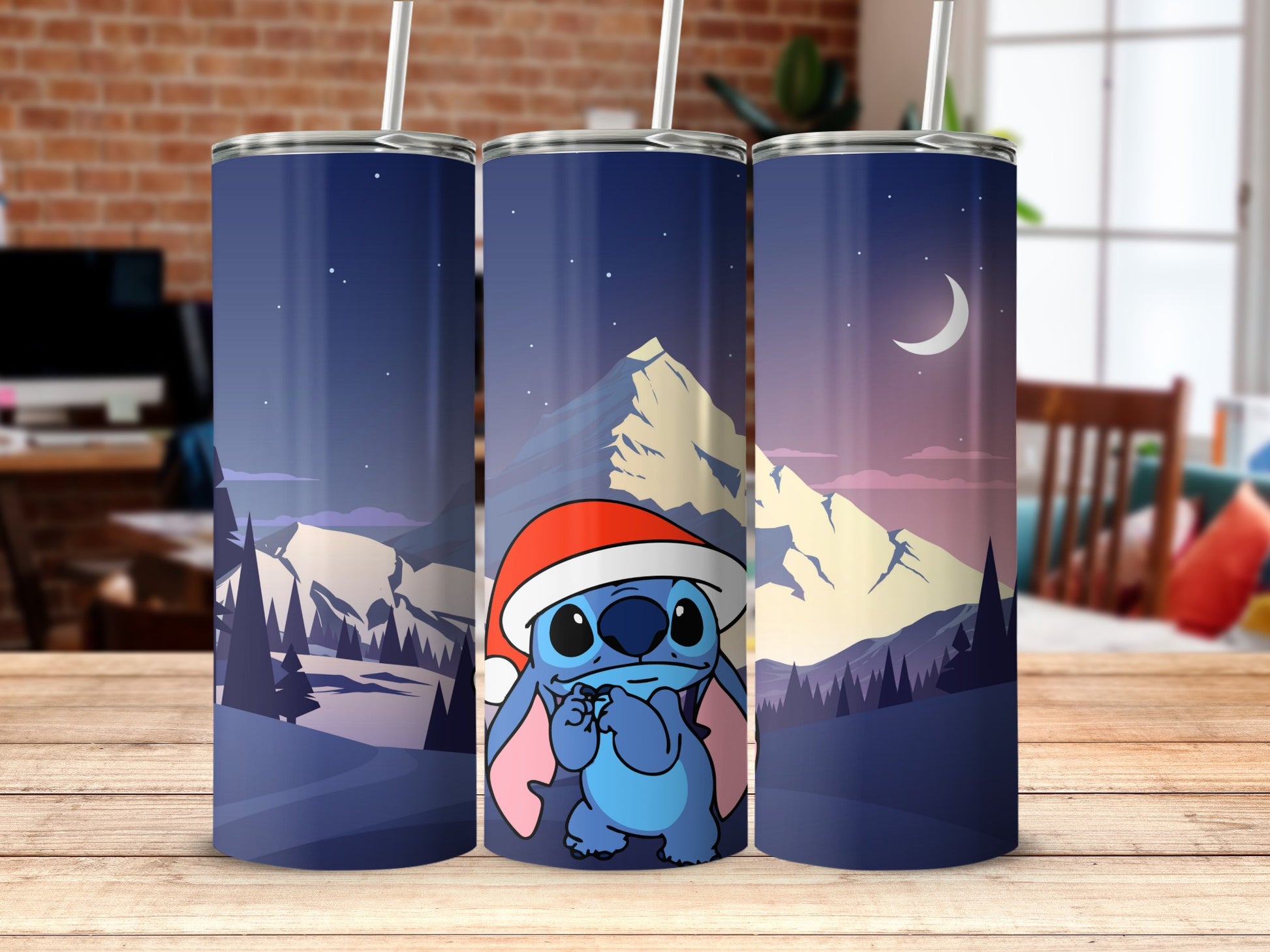 Cute Stitch Santa Tumbler with Night Mountain Scenery