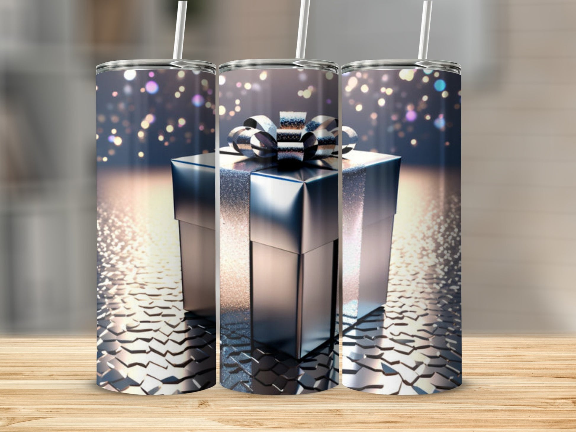 Three silver gift boxes with bows on a reflective surface.
