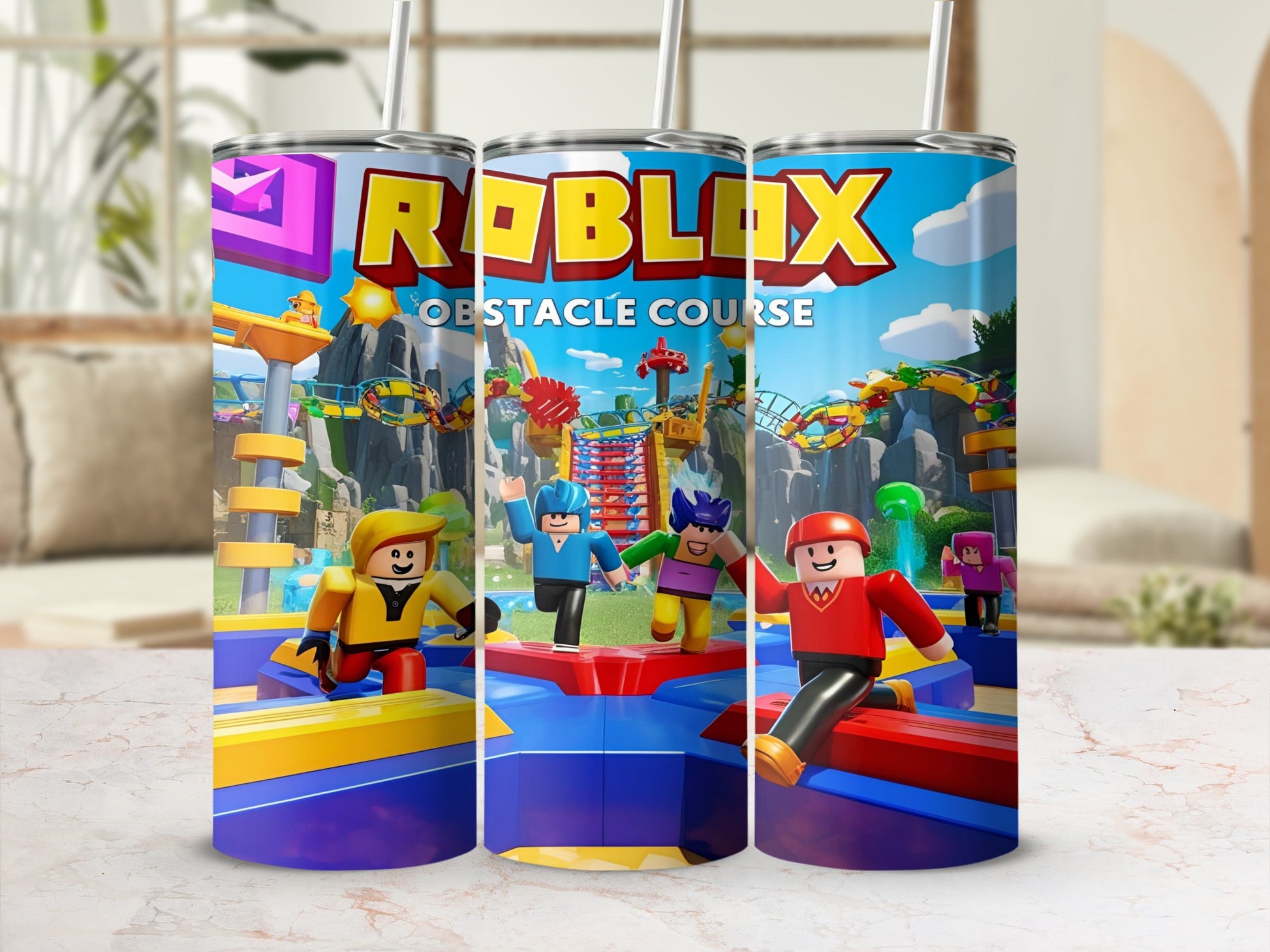 Roblox Obstacle Course tumbler with characters and colorful track.