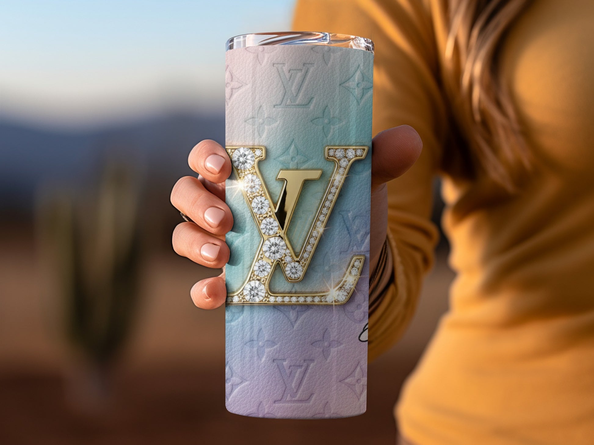 Gradient Pastel LED Glowing LV Rhinestone Tumbler