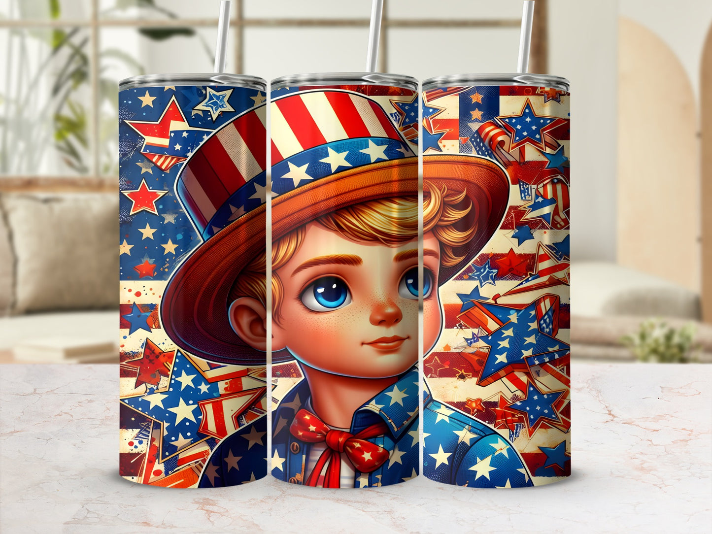 Child in patriotic hat and bowtie with stars and stripes pattern.