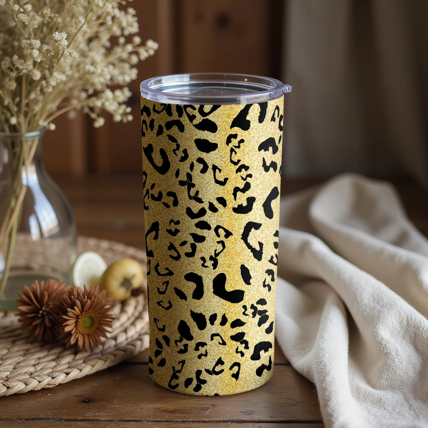 Leopard Print Tumbler with Glitter Design Cup