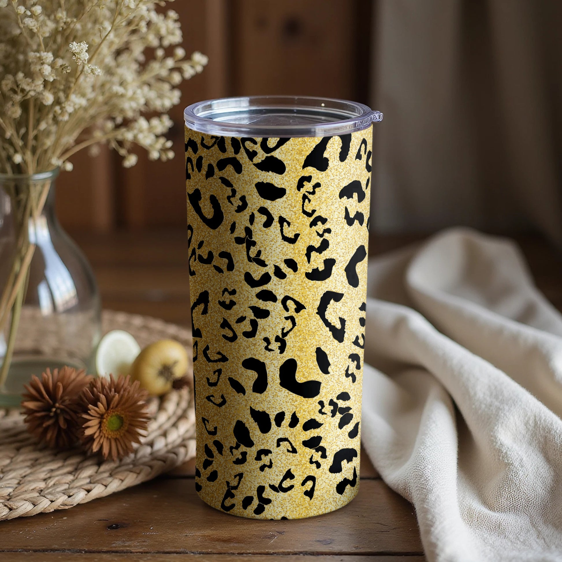 Leopard Print Tumbler with Glitter Design Cup