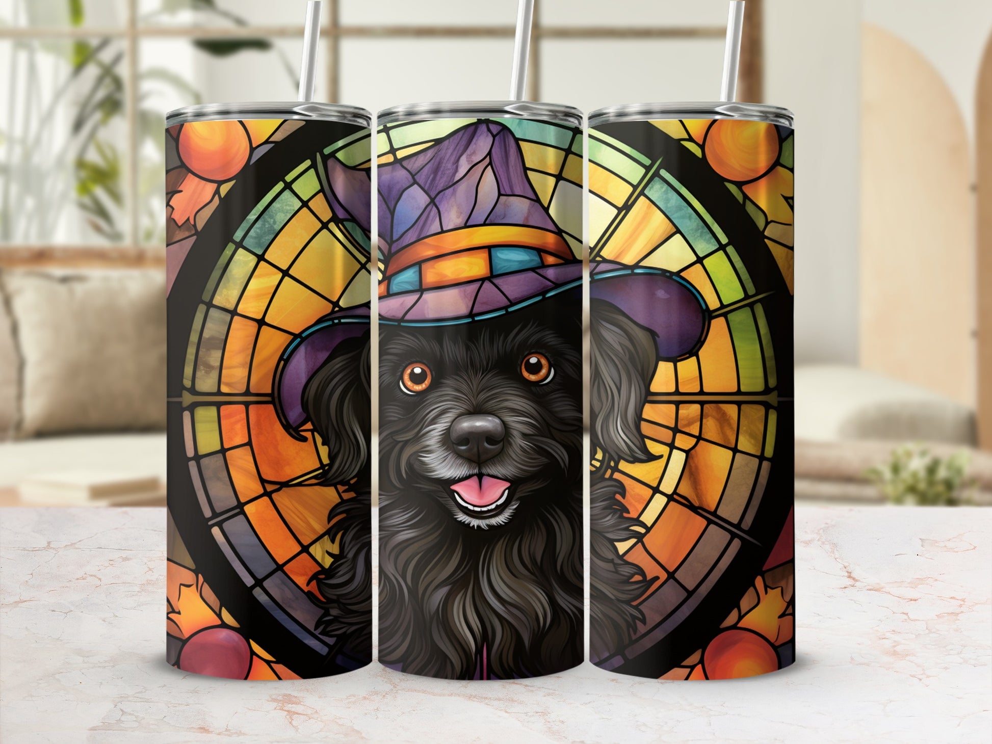 Black dog wearing a witch's hat against a stained glass autumn background.