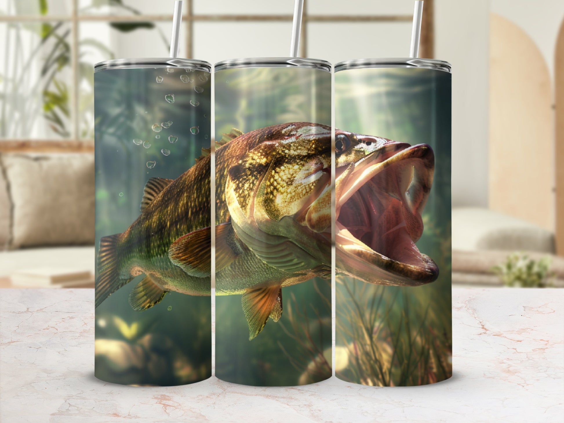 Tumbling bass fish with open mouth, underwater with sunbeams.
