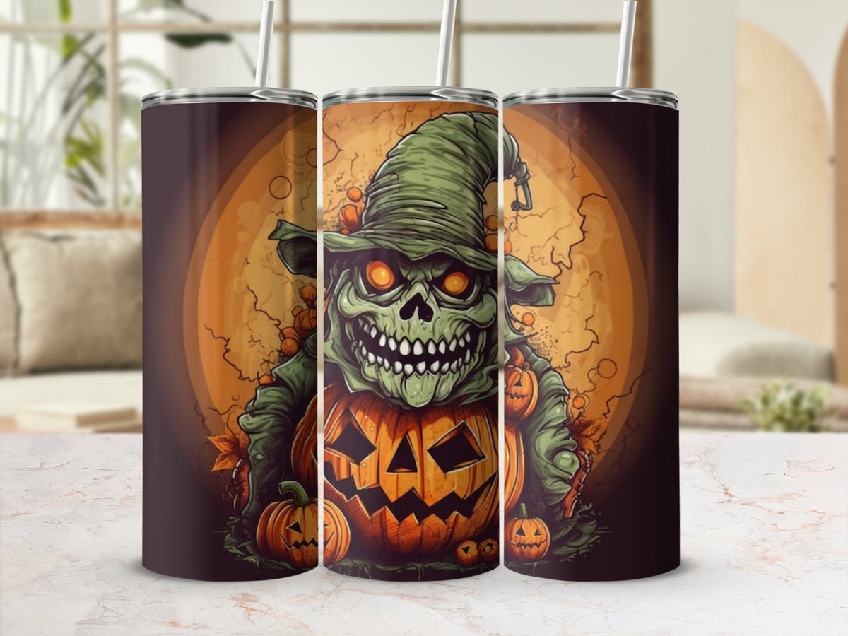 Halloween tumbler with a scary zombie and pumpkins on a full moon background.