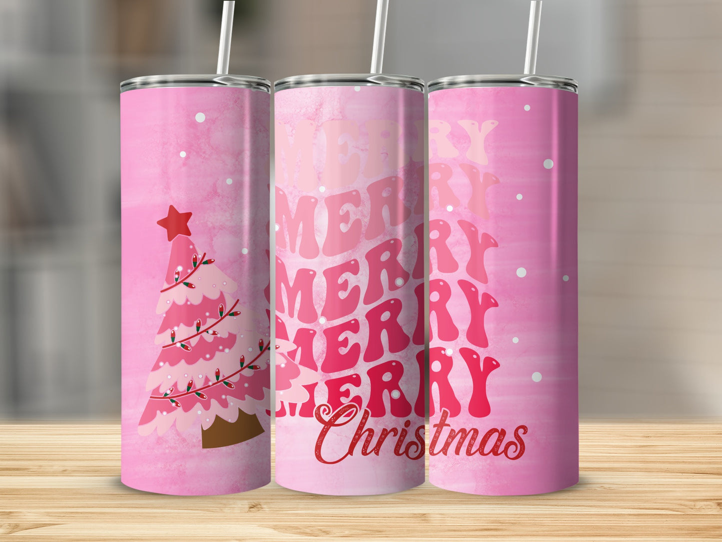 Pink Christmas Tumbler with Merry Graphic Design