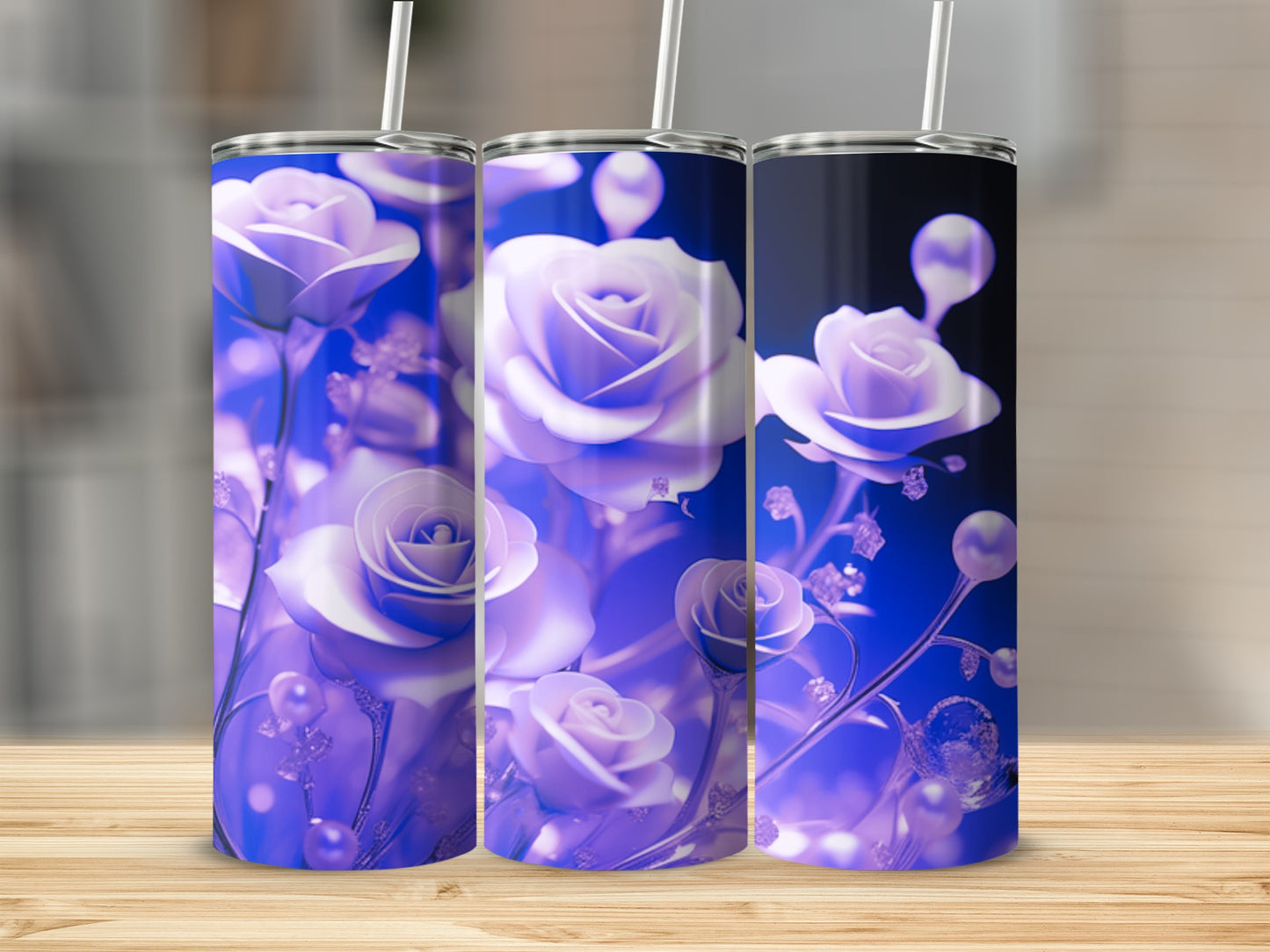 Three tall tumblers with a purple rose floral design.