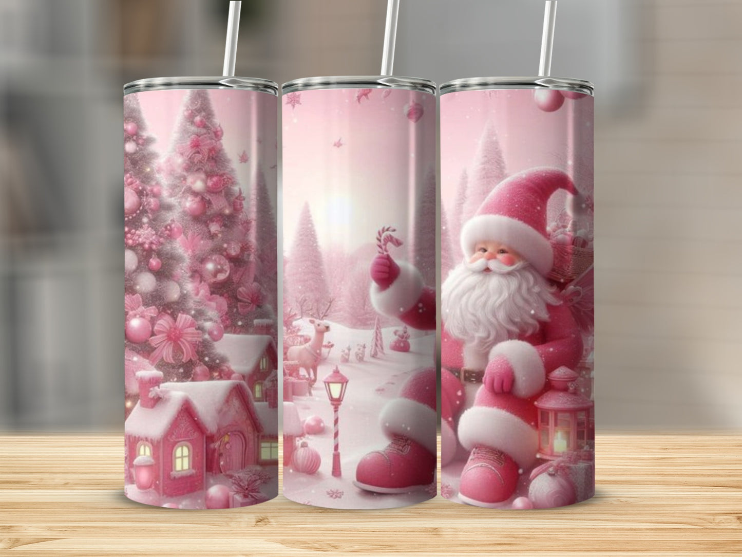 Festive Pink Santa and Christmas Tree Tumbler