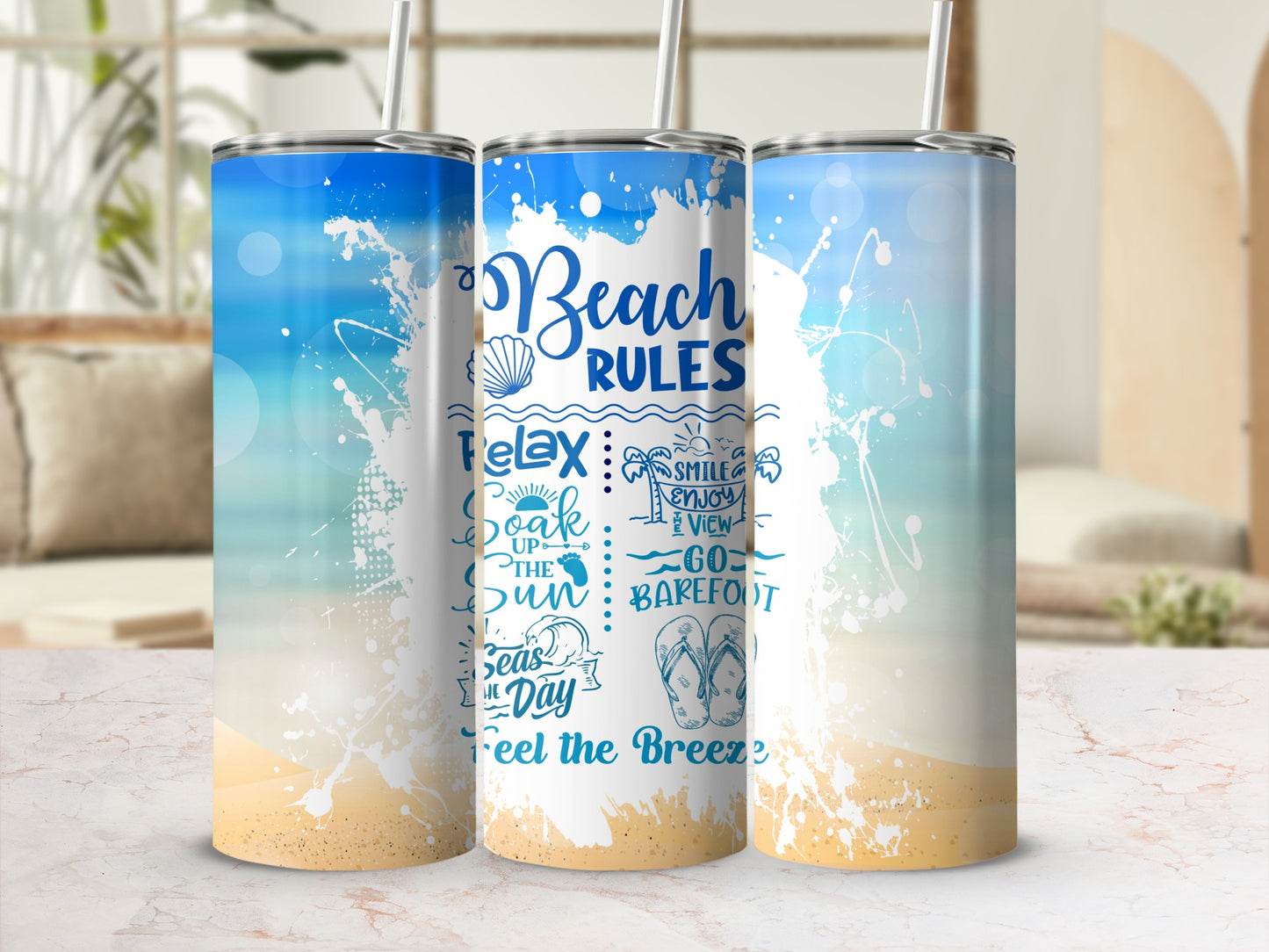 Beach-themed tumbler with "Beach Rules" text, flip-flops, and sandy shoreline design.