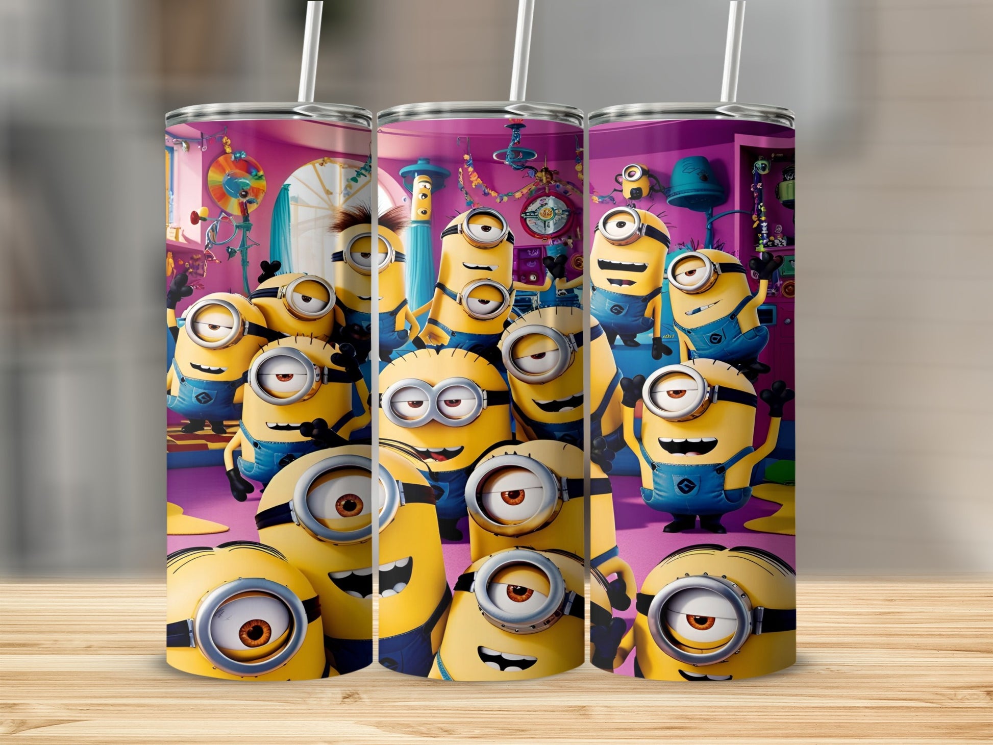 Minions characters on a purple background, shown on three tumblers.