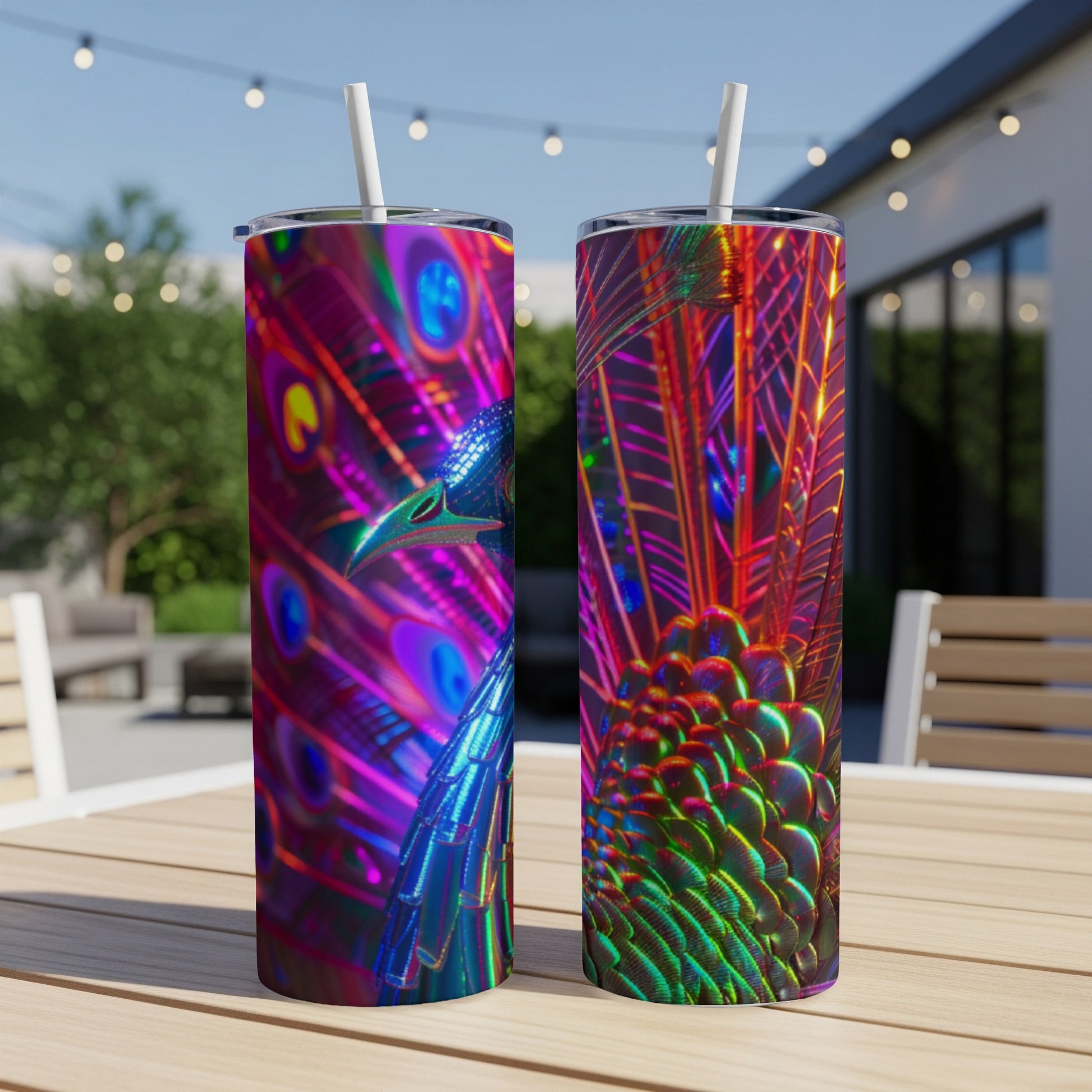 Two tall tumblers with vibrant, iridescent peacock feather designs.