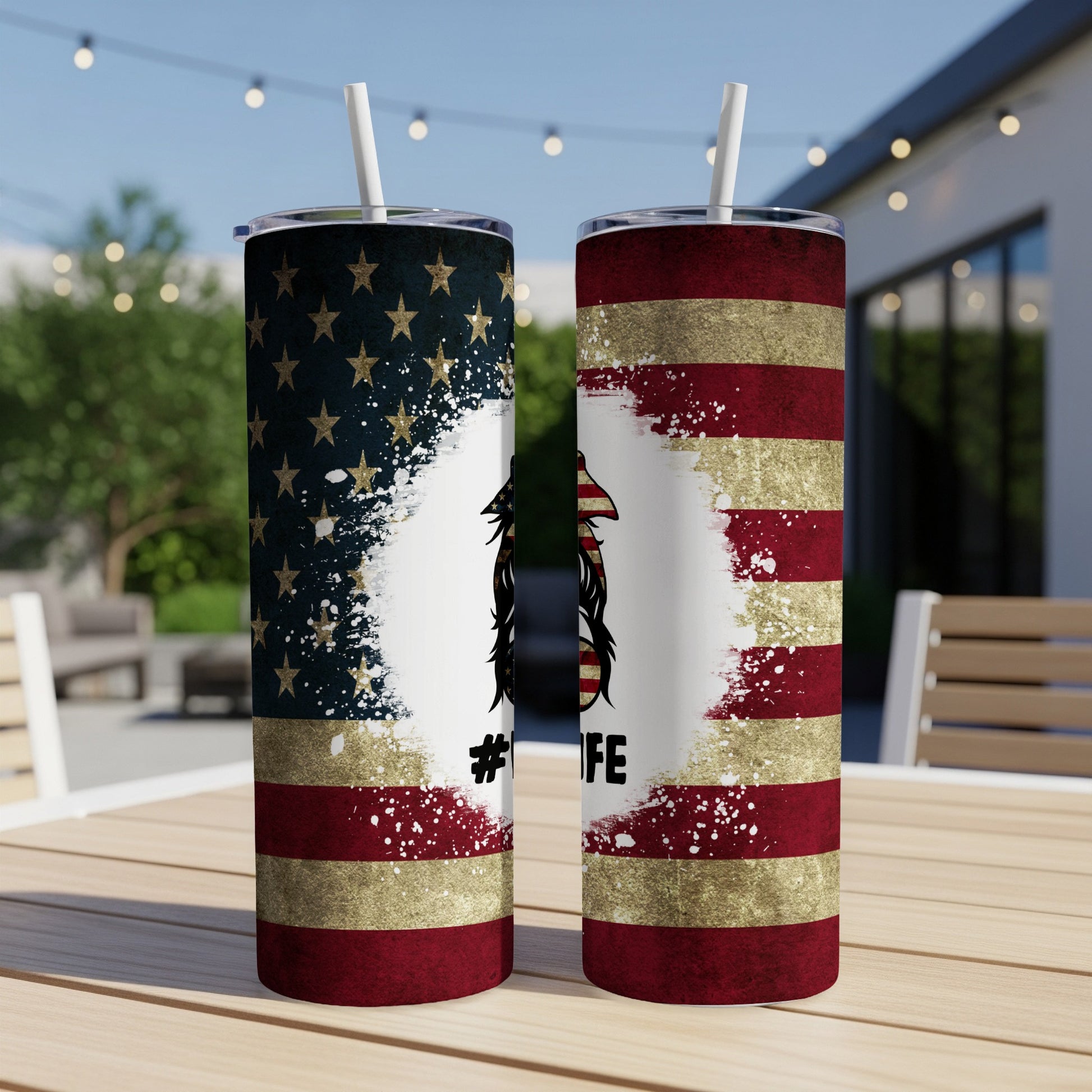 Two tumblers with American flag design and "#WIFELIFE" text.