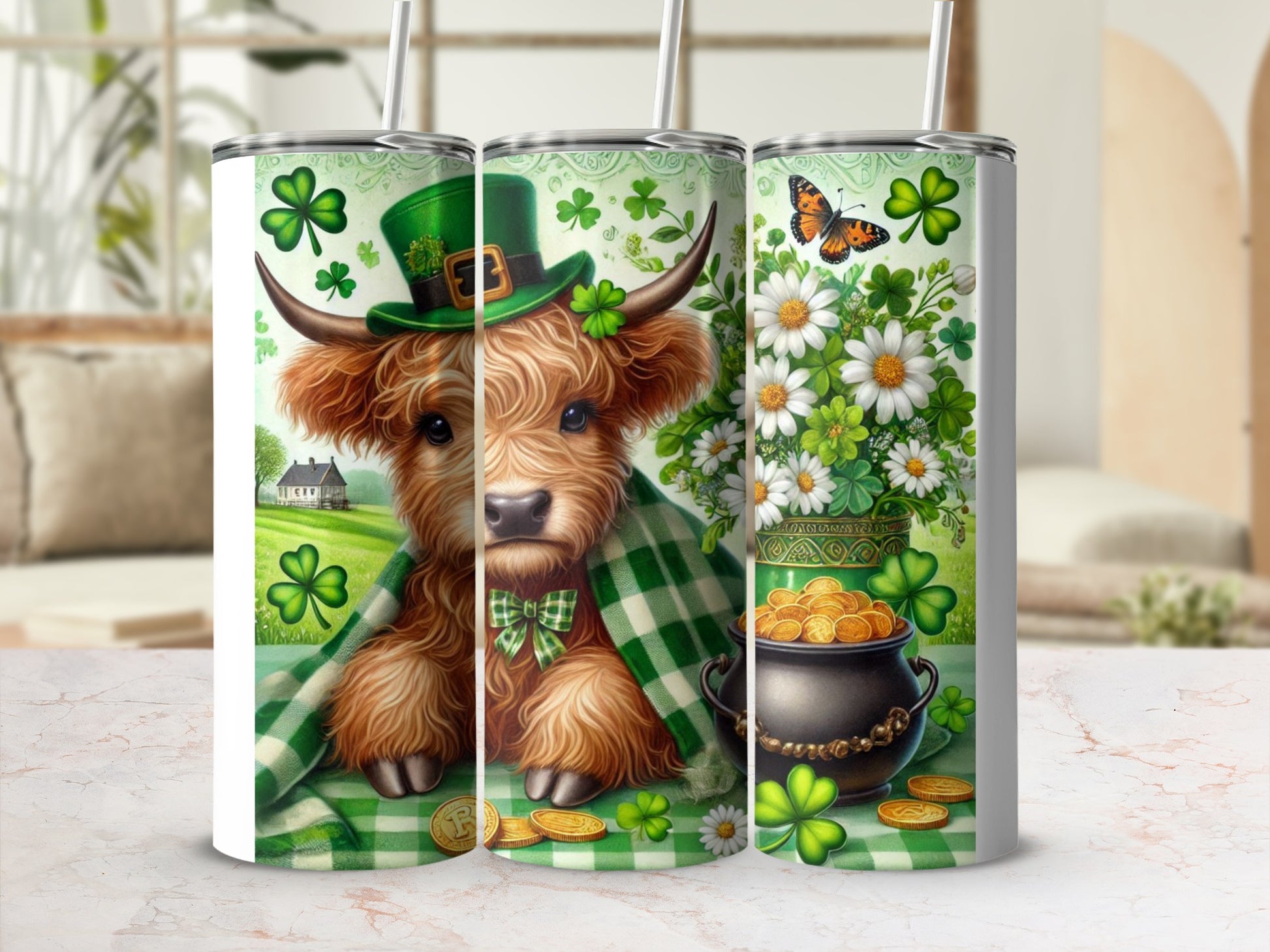 Highland cow in a leprechaun hat, shamrocks, and a pot of gold.