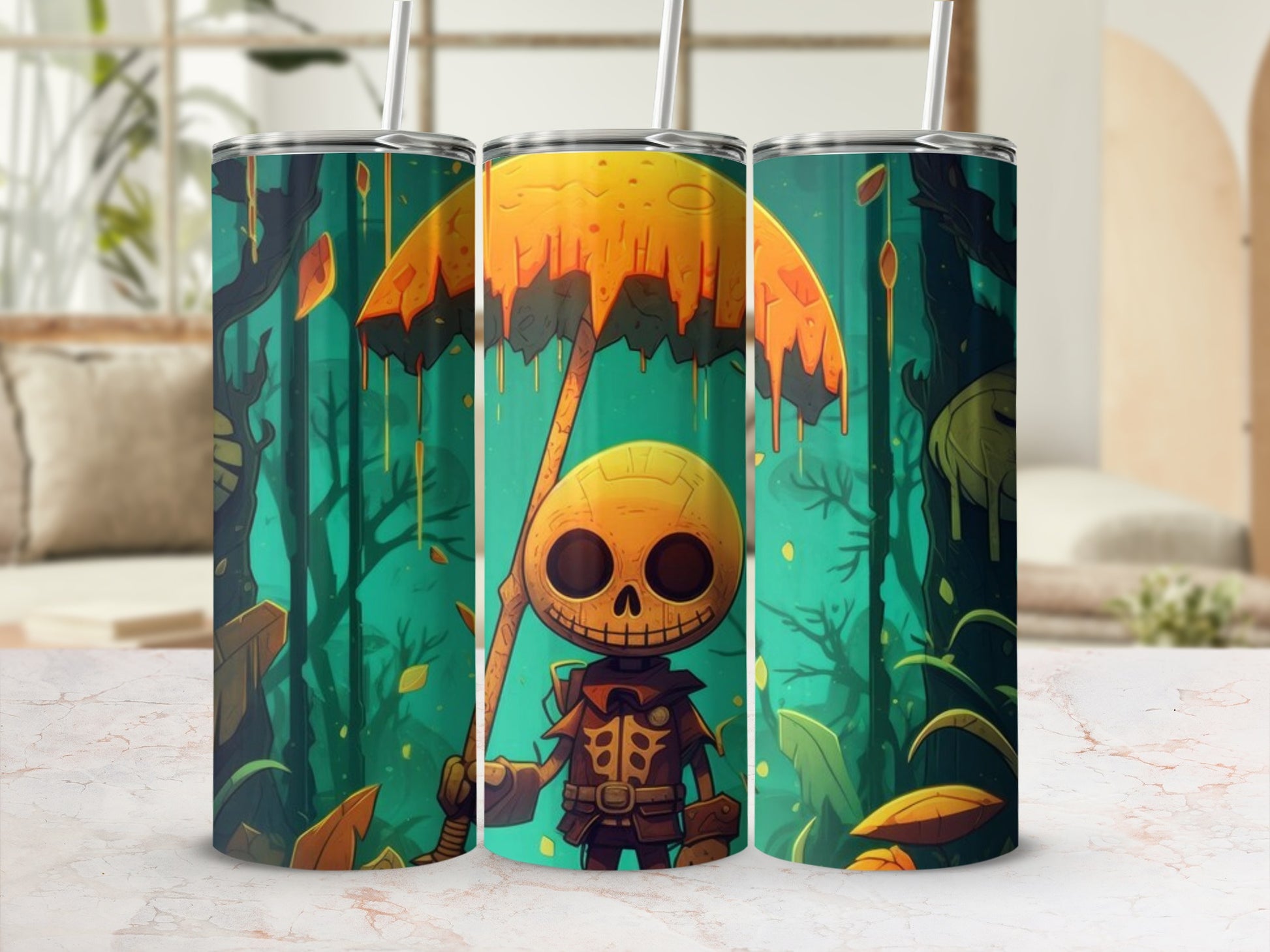 Spooky Cartoon Skull in Enchanted Forest Tumbler