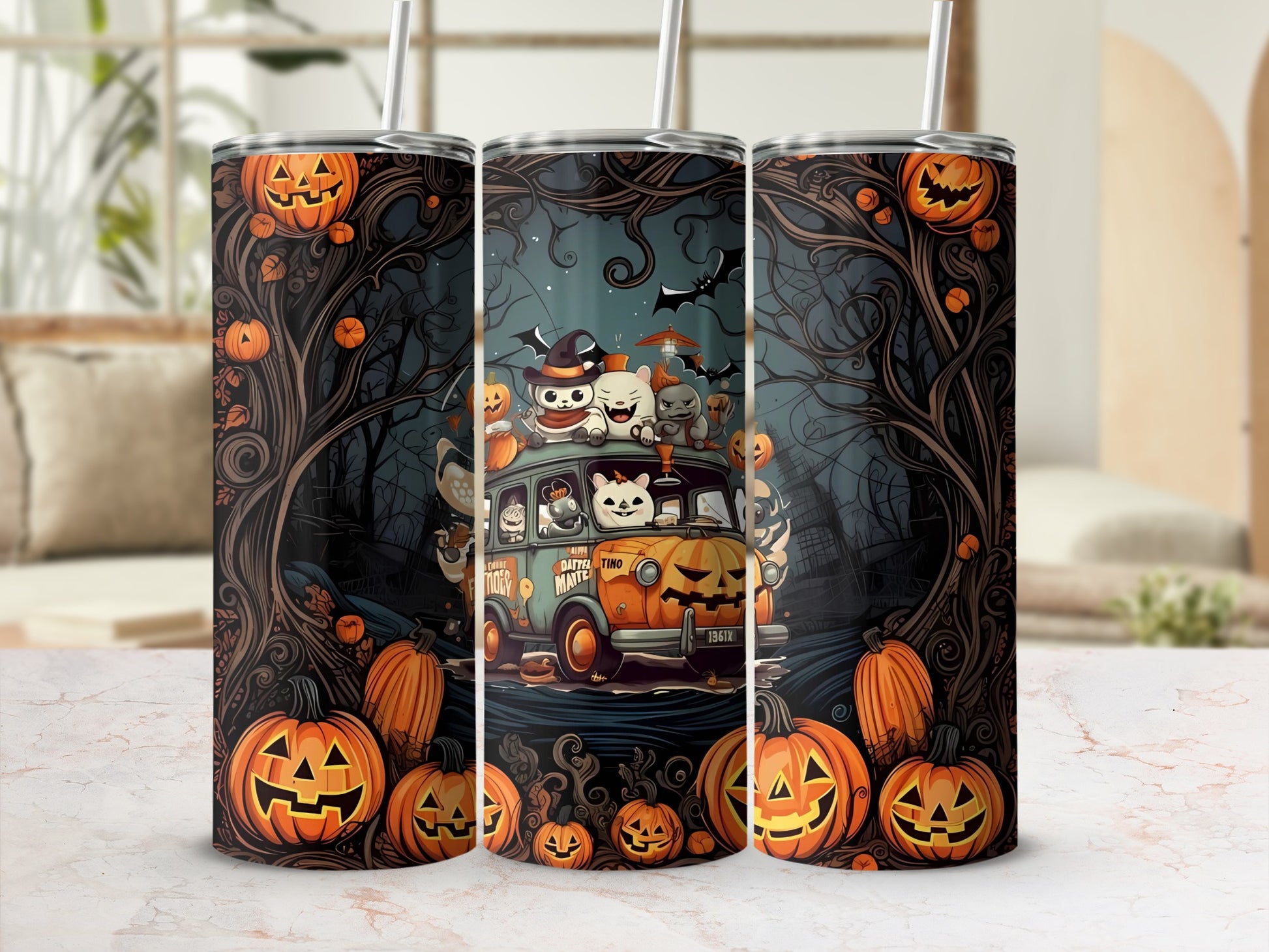 Three tumblers feature a Halloween scene with cute characters in a pumpkin van and jack-o'-lanterns.